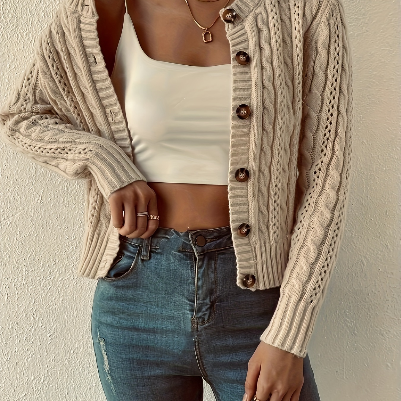 

Cable Knitted Button Front Cardigan, Casual Long Sleeve Cardigan For Spring & Fall, Women's Clothing