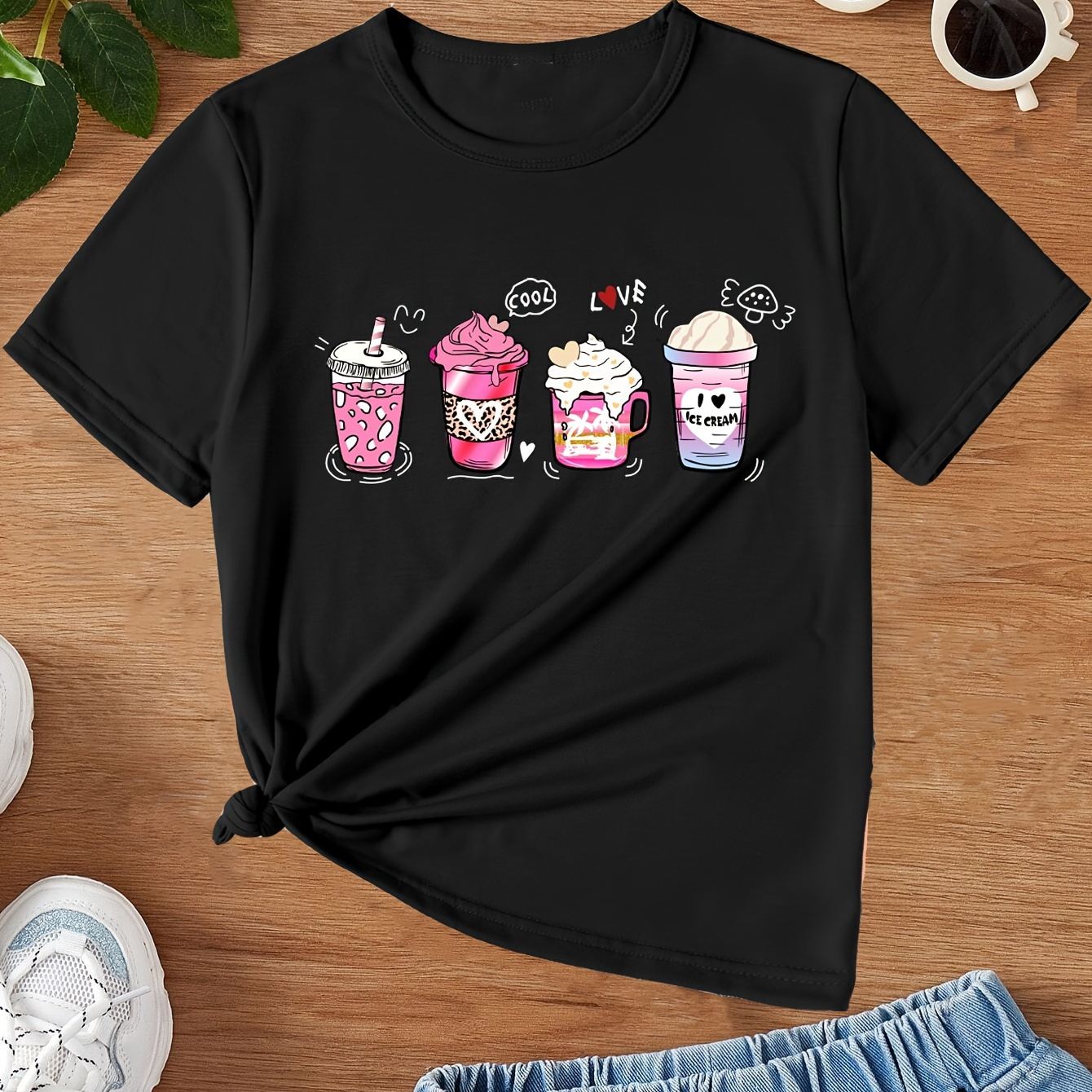 

Cartoon Sweet Coffee Graphic Crew Neck Short Sleeve T-shirt Pullover For Girls Summer Gift