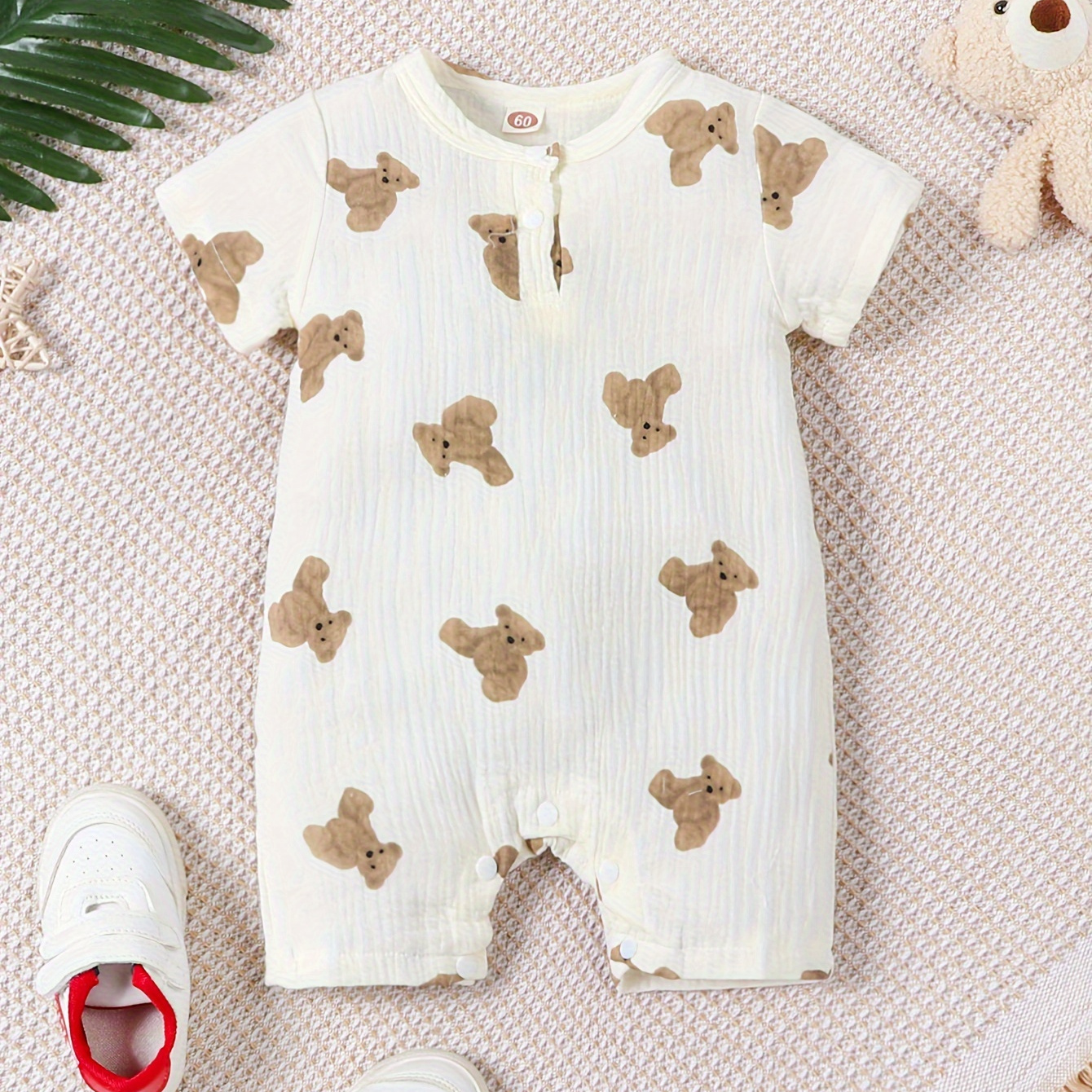 

Baby Boy's 95% Cotton Muslin Cartoon Bear Print Short Sleeve Onesie, Perfect For Summer