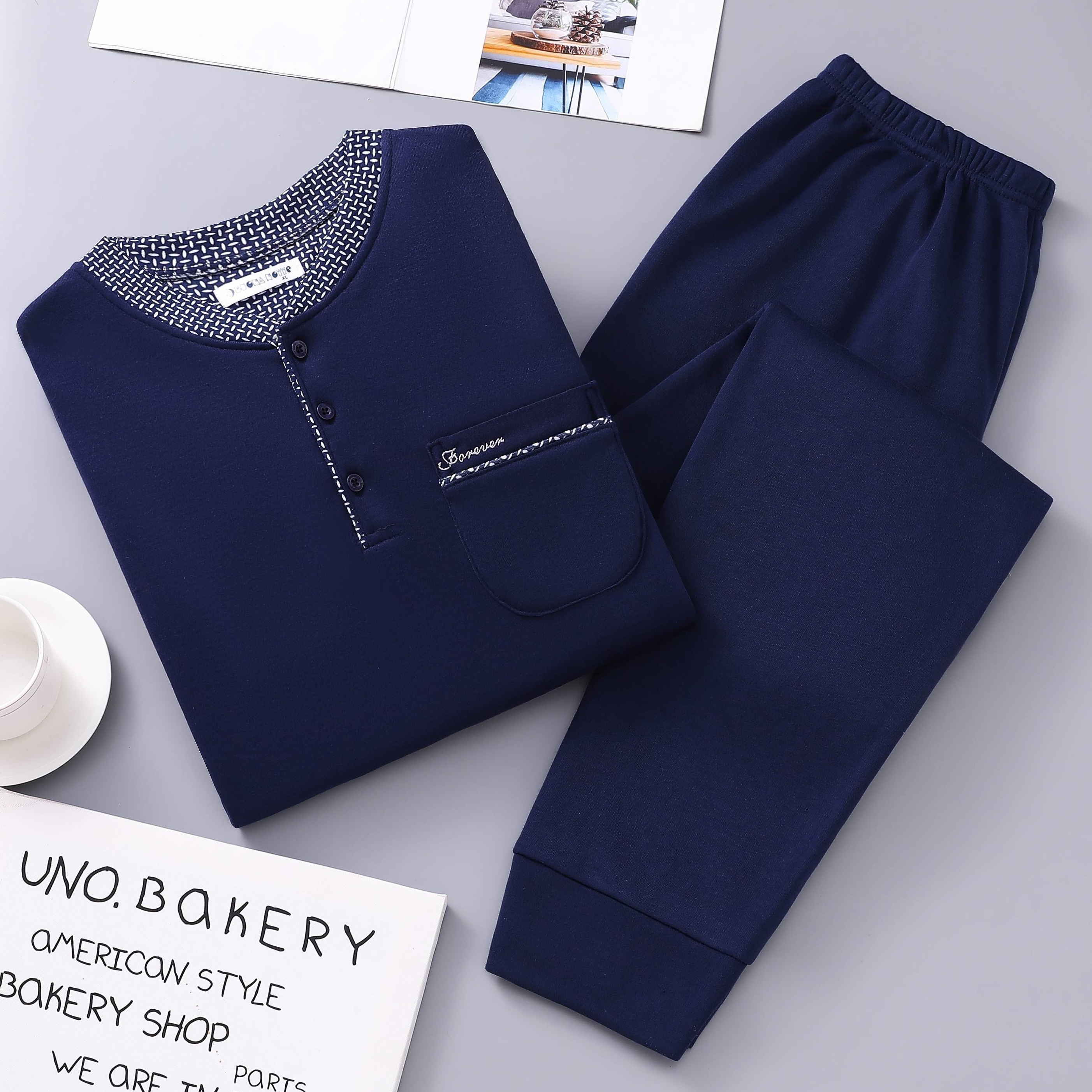 

2pcs Casual Round Neck Button Up Long Sleeves Pockets Shirts Tops & Pants Sets, Men's Comfortable Pajamas Loungewear
