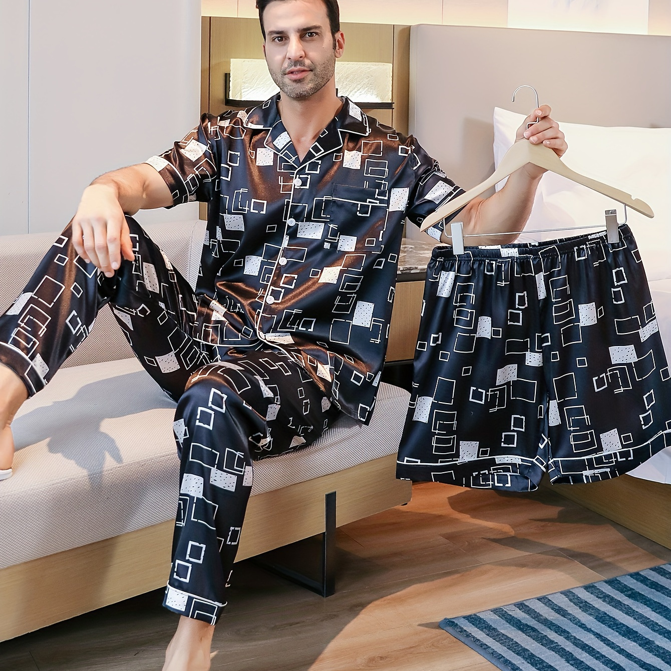 

Men's Summer Sleepwear Set With Short Sleeves, Shorts, And Long Pants Featuring A Thin Geometric Print And A Collared Cardigan.