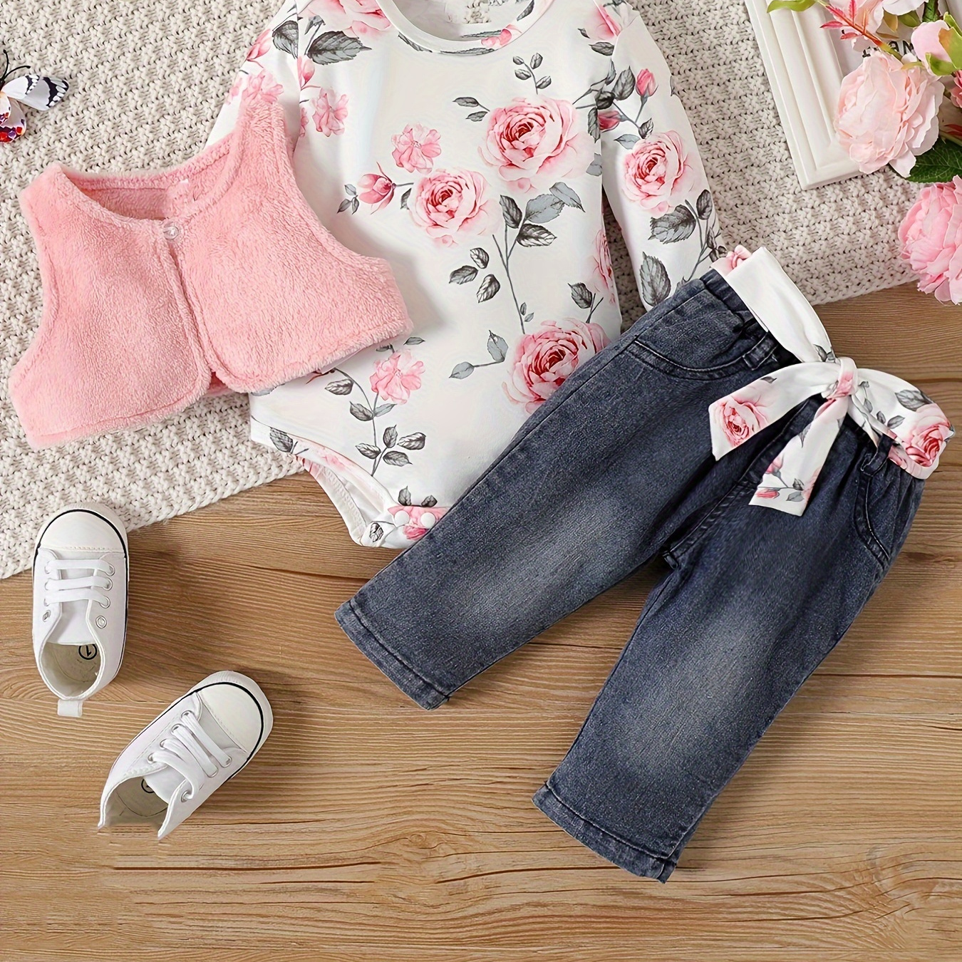 

Infant Newborn Baby Girls Long Sleeve Floral Print Flower Romper Tops Jeans Pants With Fleece Vest Girls Summer Casual Outfit