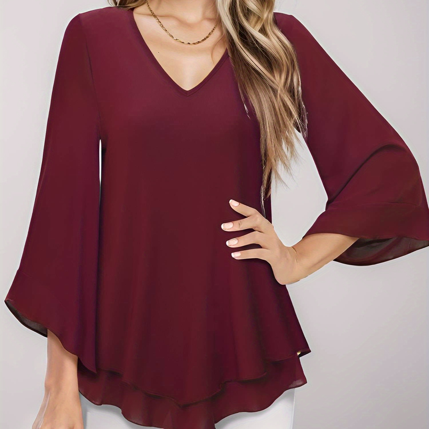 

V Neck Layered Chiffon Blouse, Elegant Bell Sleeve Blouse For Daily Wear, Women's Clothing