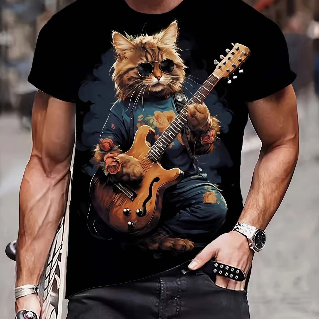 

3d Digital Cat Playing Guitar Pattern Print Crew Neck And Short Sleeve T-shirt For Summer Leisurewear And Sports Wear, Novel And Chic Tops For Men