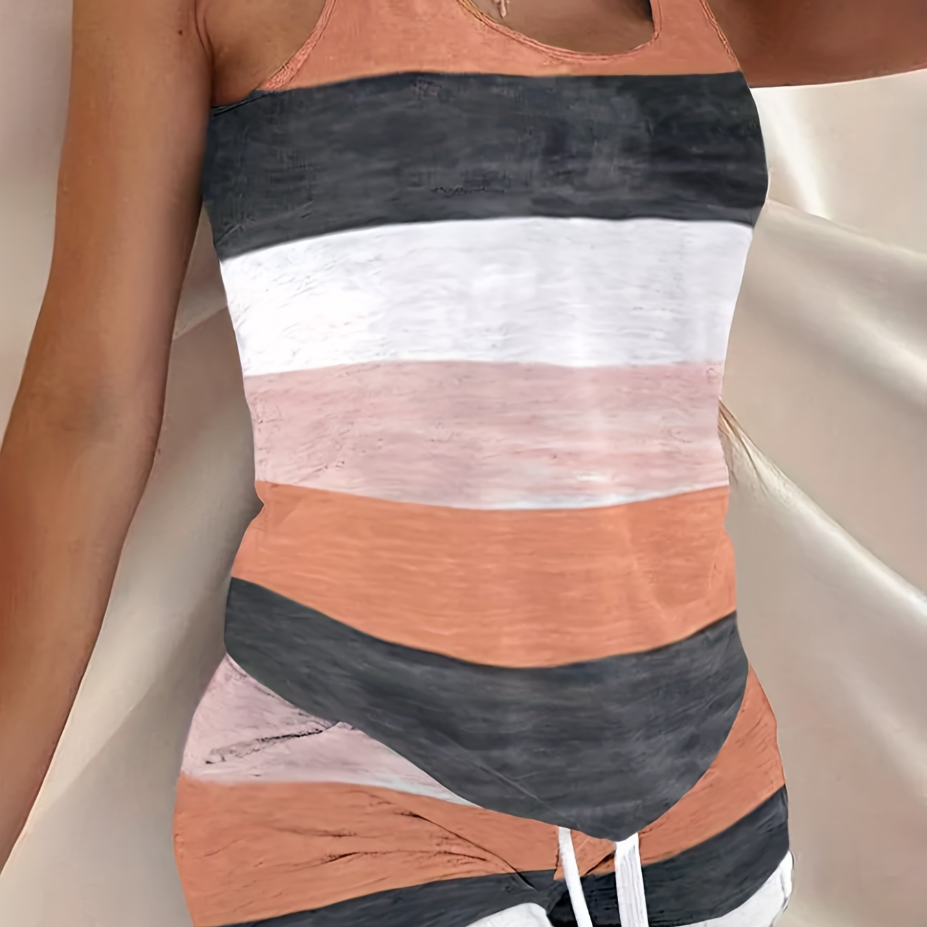 

Color Block Striped Two-piece Set, Crew Neck Sleeveless Tank Top & Drawstring Elastic Waist Shorts Outfits, Women's Clothing