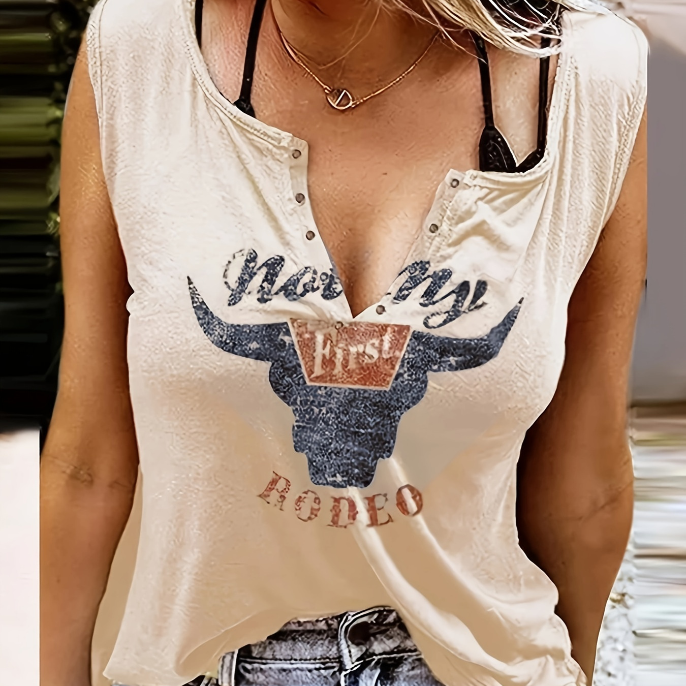 

Highland Cattle & Letter Print Tank Top, Casual Sleeveless Tank Top For Summer, Women's Clothing