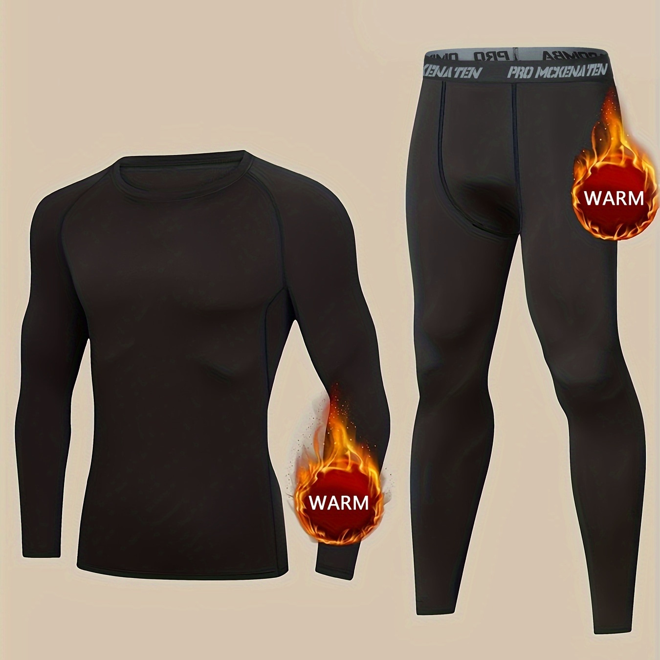 

Men's Thermal Underwear Set, Skiing Winter Warm Base Layers, Tight Long Sleeve Round Neck Top & Bottom Pants Set