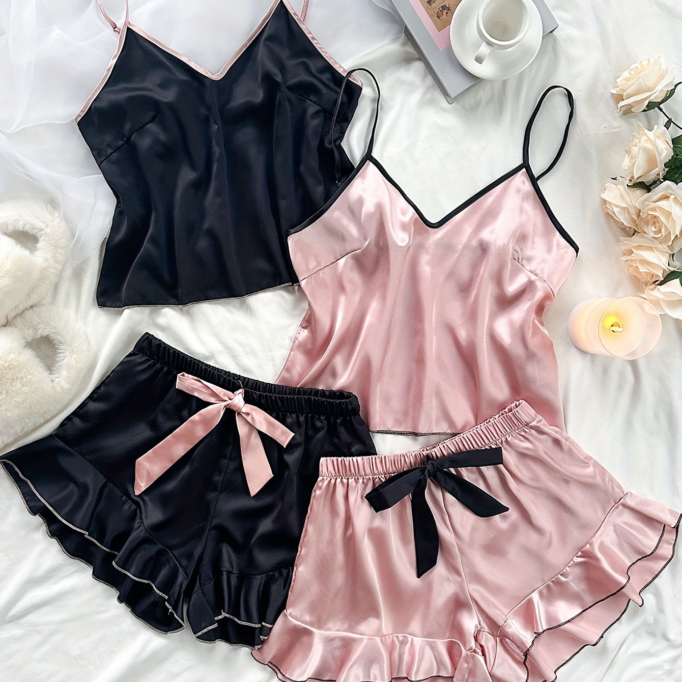 

Women's V-neck Suspenders With Ruffles Short Pants Pajama Set Four-piece Set