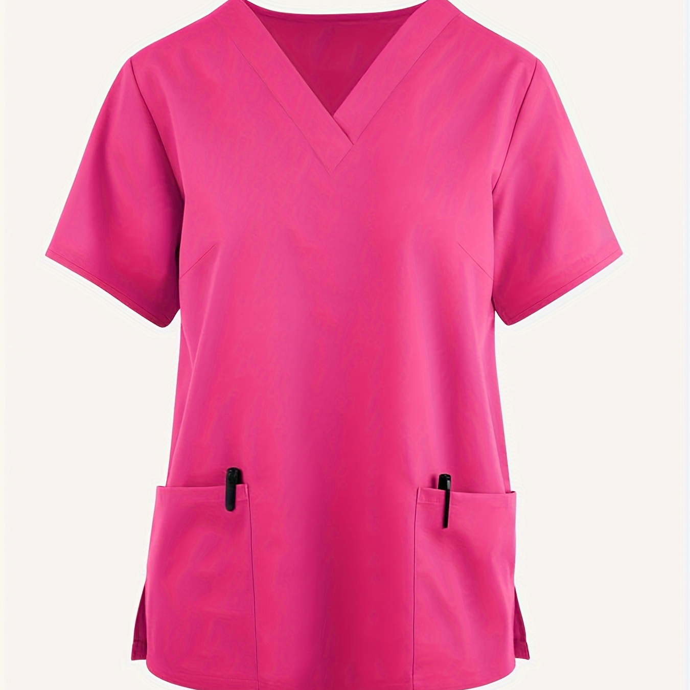 

Haut extensible uni à double poches et col en V, uniforme à manches courtes confortable et fonctionnel pour les soins de santé, vêtements grande taille pour femmes