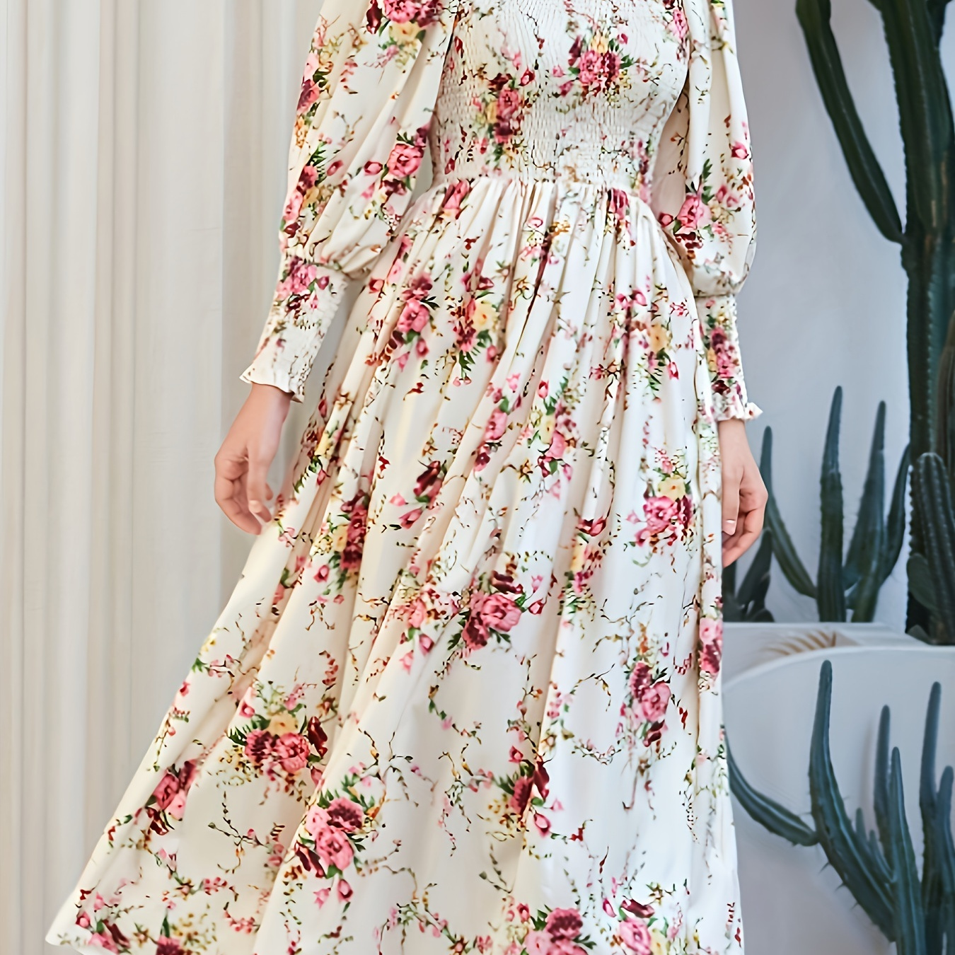 

Floral Print Square Neck Dress, Elegant Frill Long Sleeve Ruffle Hem Dress For Spring & Fall, Women's Clothing