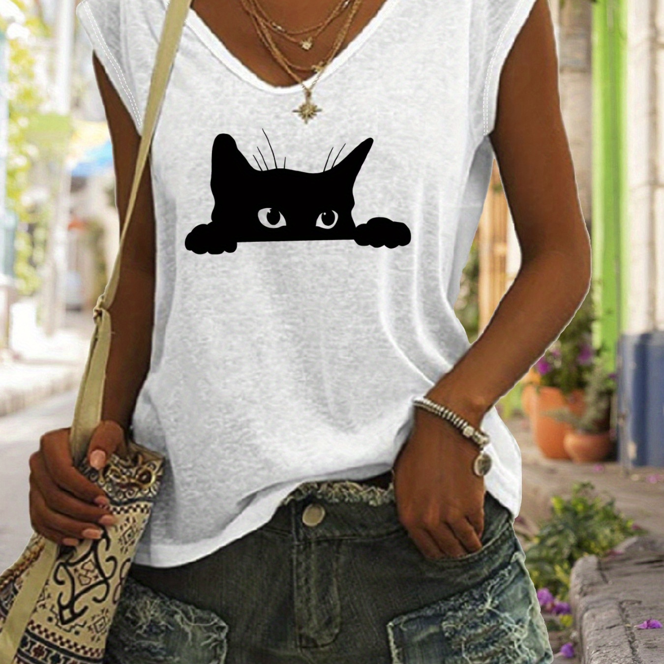 

Cat Print Cap Sleeve Top, Casual Top For Summer & Spring, Women's Clothing