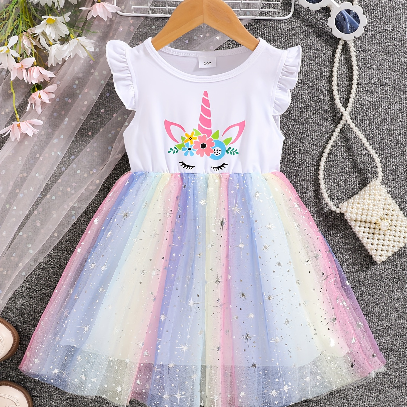 

Unicorn Pattern Frill Sleeve Tutu Dress For Girls Vacation Casual Dresses, Summer Clothing Gift