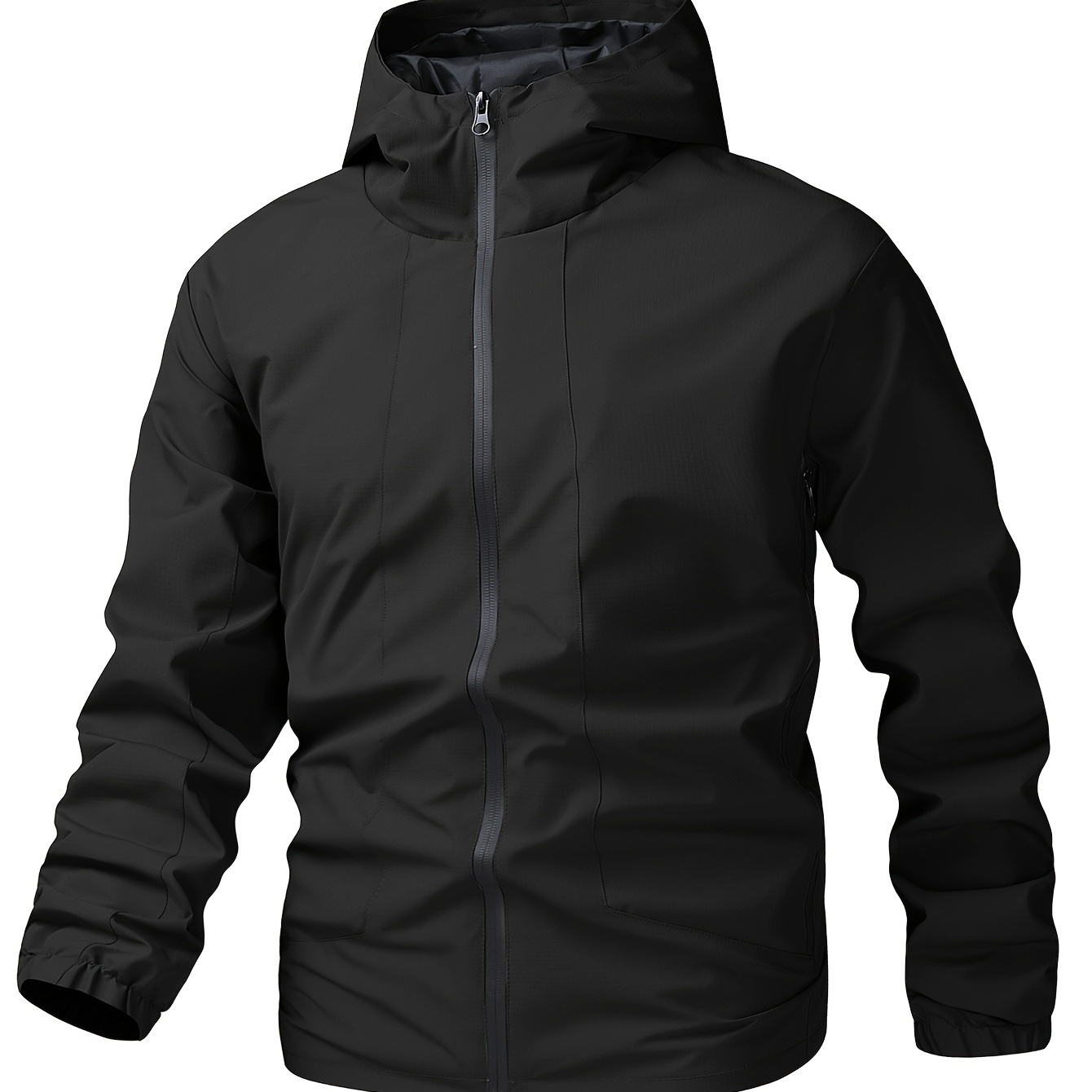 

Men's Casual Windproof Hooded Jacket - Loose Fit, Zip-up Outdoor Coat With Polyester