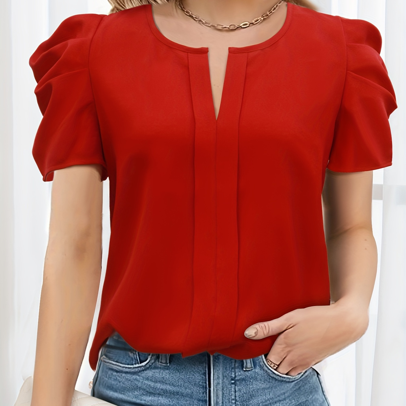 

Notched Neck Simple Blouse, Elegant Puff Sleeve Solid Blouse For Spring & Summer, Women's Clothing