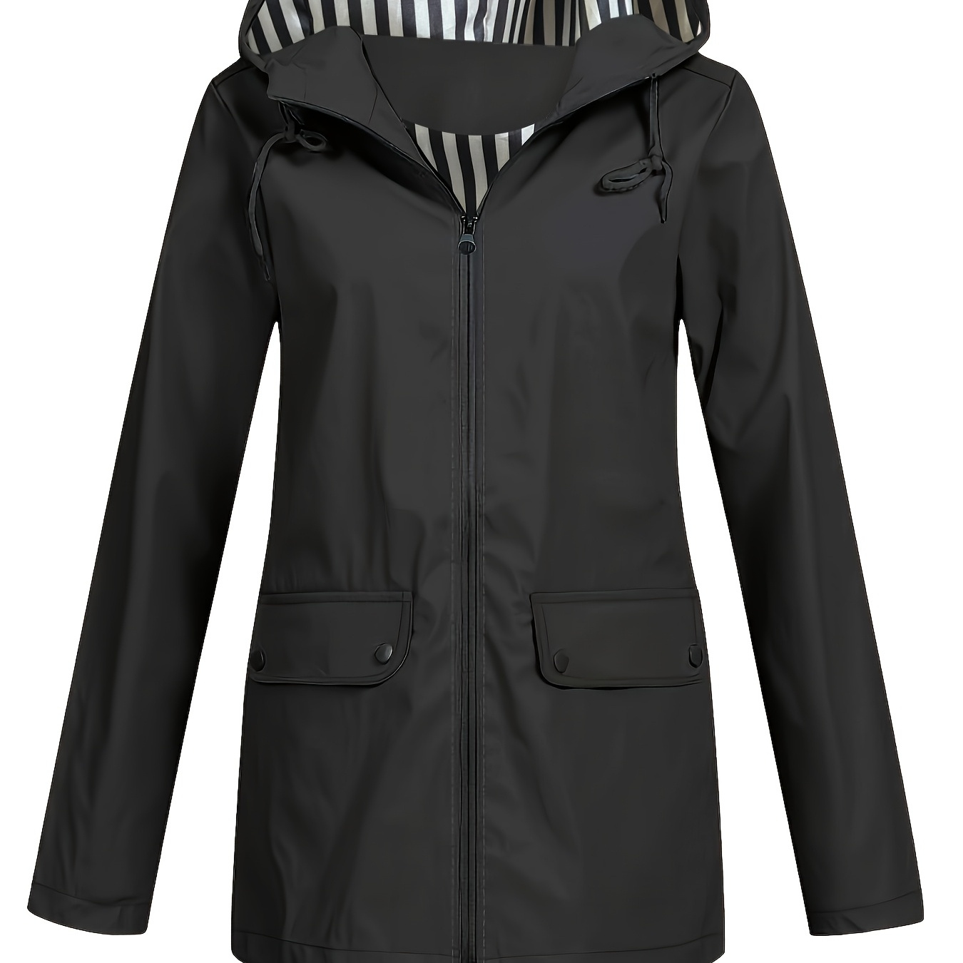 Novo Casaco de Cor Sólida Casual de Uma Peça para Mulher, Casaco Trench Elegante e Chic de Designer para Mulher, Casaco Curto com Fecho de Correr e Parte Traseira Longa com Chapéu e Bolsos