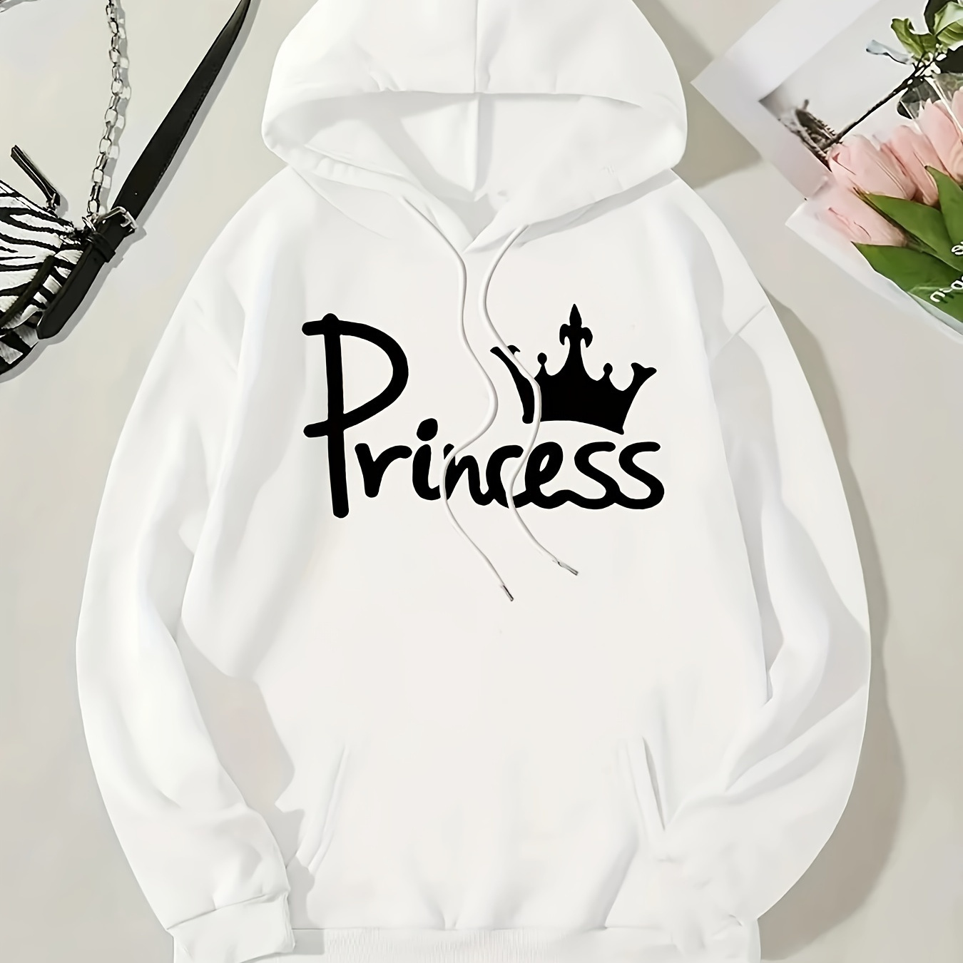 

Casual Princess Crown Applique Hoodie For Women - 100% Polyester Knit Fabric, Alphabet Pattern, Fall/winter Hooded Sweatshirt