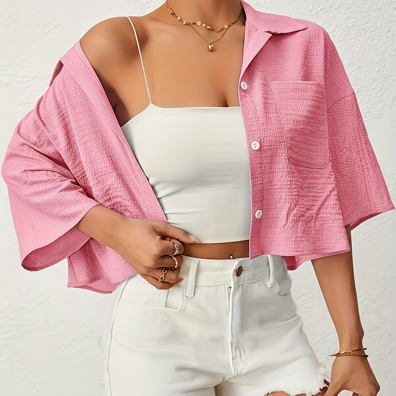 

Solid Color Textured Crop Shirt, Versatile Drop Shoulder Shirt For Spring & Summer, Women's Clothing