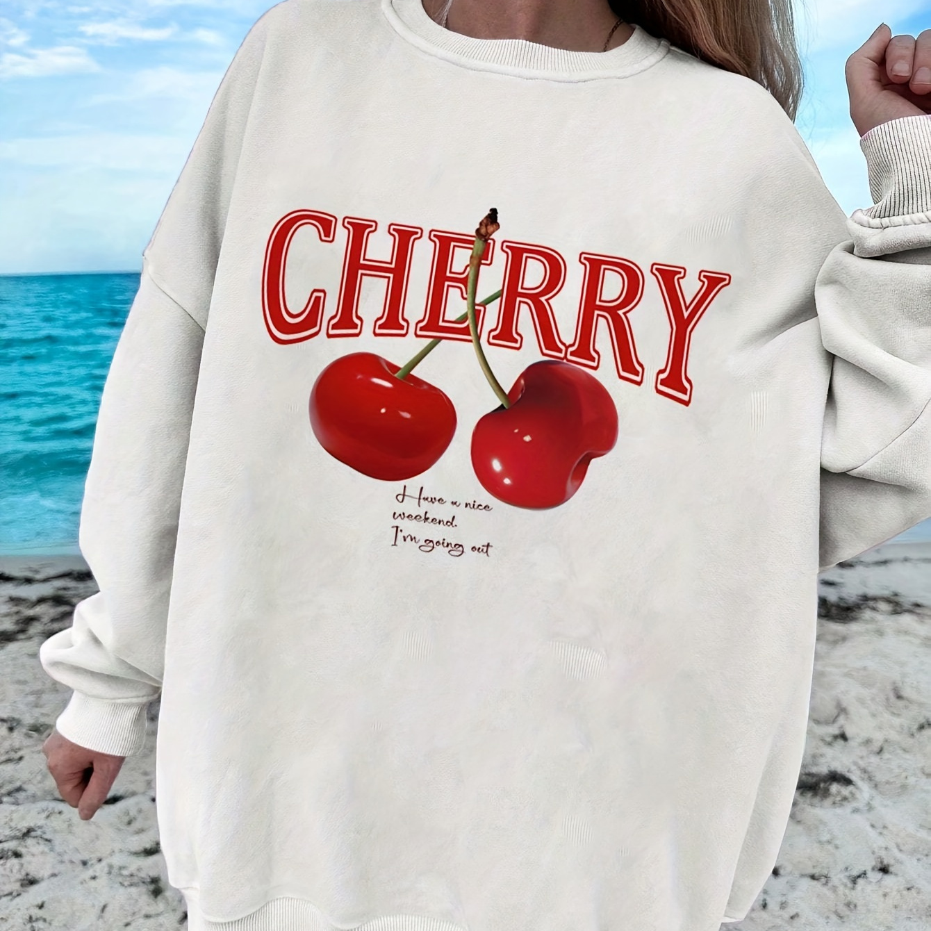 

Fashionable And Elegant Pullover Sweatshirt With Fabric And Cherry Print For Autumn And Winter.