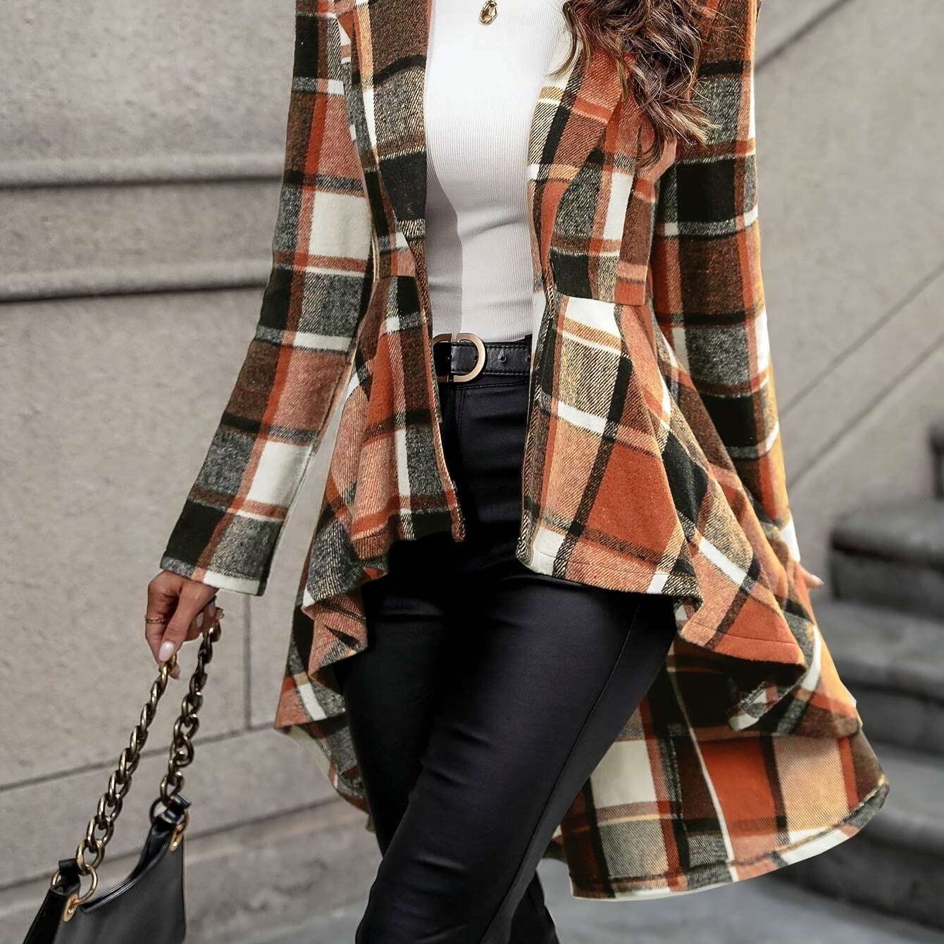 

Veste boutonnée à carreaux, veste longue à manches longues et évasée pour et l'hiver, vêtements pour femmes