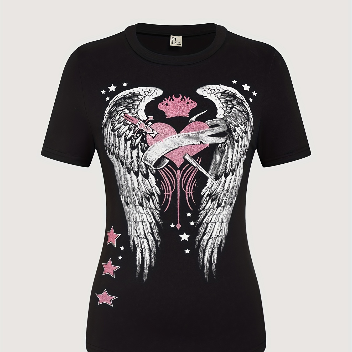 

Heart & Wings Print Crew Neck T-shirt, Young Short Sleeve T-shirt For Spring & Summer, Women's Clothing