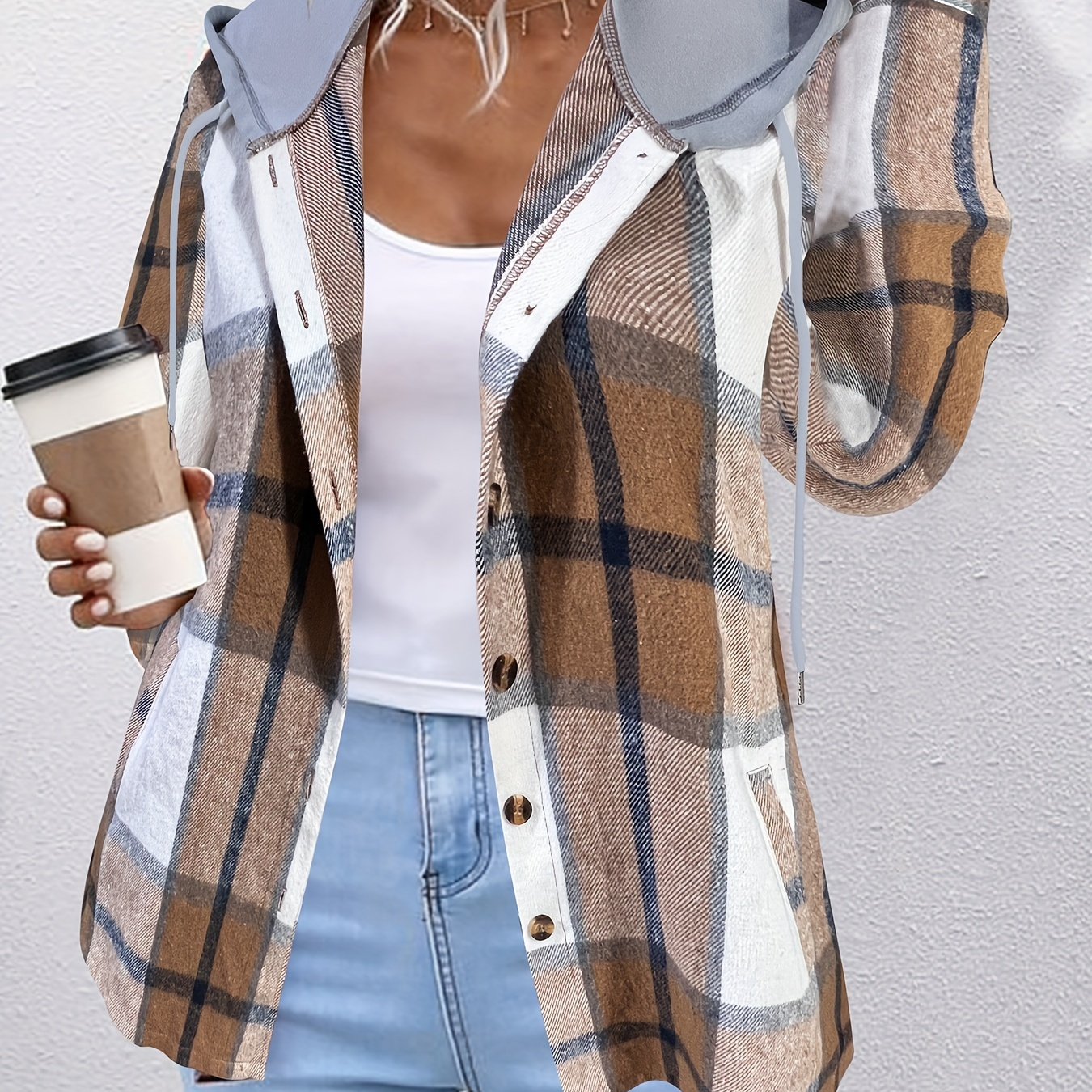 

Plus Size Casual Coat, Women's Plus Plaid Print Long Sleeve Hooded Drawstring Button Up Overcoat With Pockets