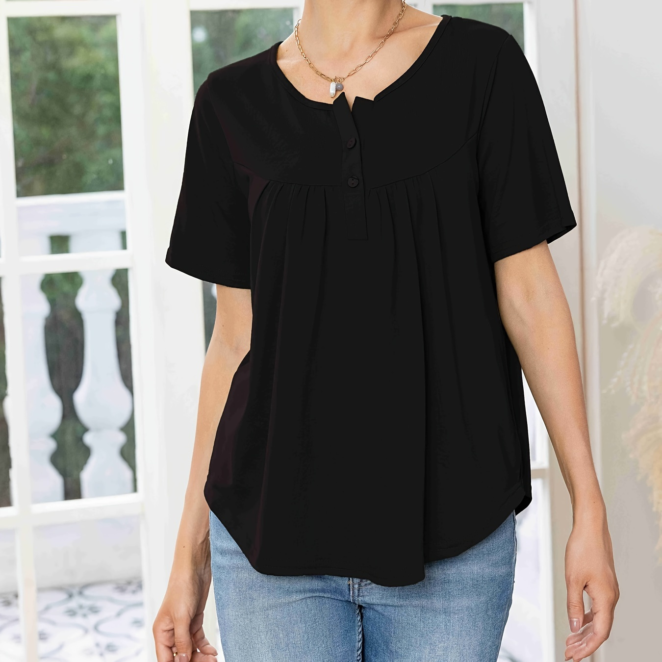 

Pleated Half Button Loose T-shirt, Casual Scoop Neck Short Sleeve Everyday Tops, Women's Clothing