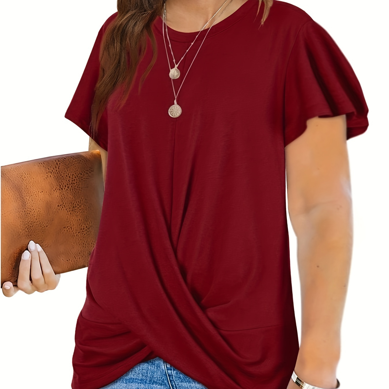 

Plus Size Casual T-shirt, Women's Plus Plain Button Decor Round Neck Sleeve Twist Knot T-shirt