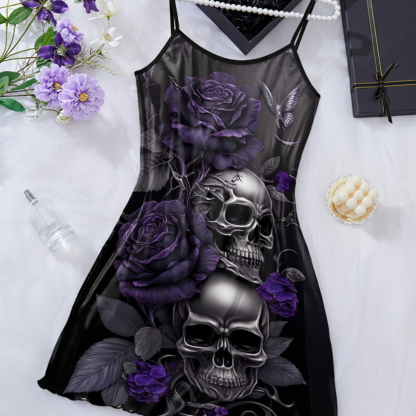 

Robe de nuit gothique à imprimé tête de et rose pour femme, robe nuisette dos nu à col rond, chemise de nuit confortable pour Halloween