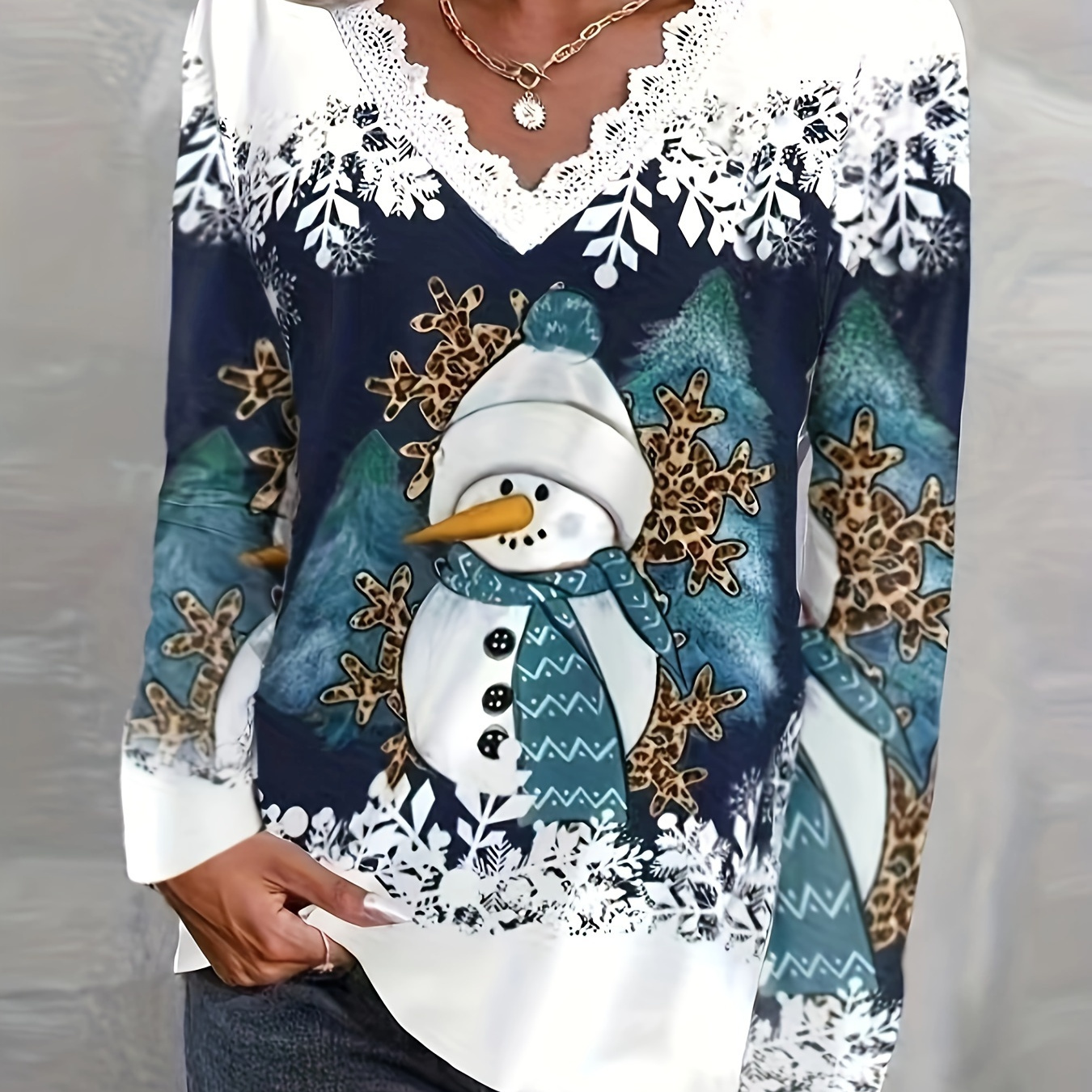 

Women's Plus Size Christmas Snowman 3d Print Long Sleeve T-shirt - V-neck With Lace Trim, Holiday Design, Casual Polyester Top For Winter, Seasonal Fashion Top | Snowman Print | Texture