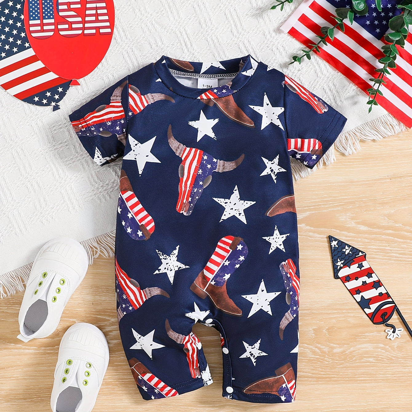 

Baby Boy's Rompers, Cute Casual Bodysuit With Bull Head & Stars Print, Short Sleeve Jumpsuit, Usa Flag Style
