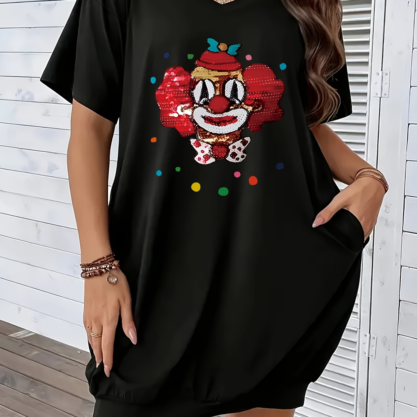 

Comfortable And Loose-fitting Short-sleeve Dress For Women With Clown Print, Spring And Summer.