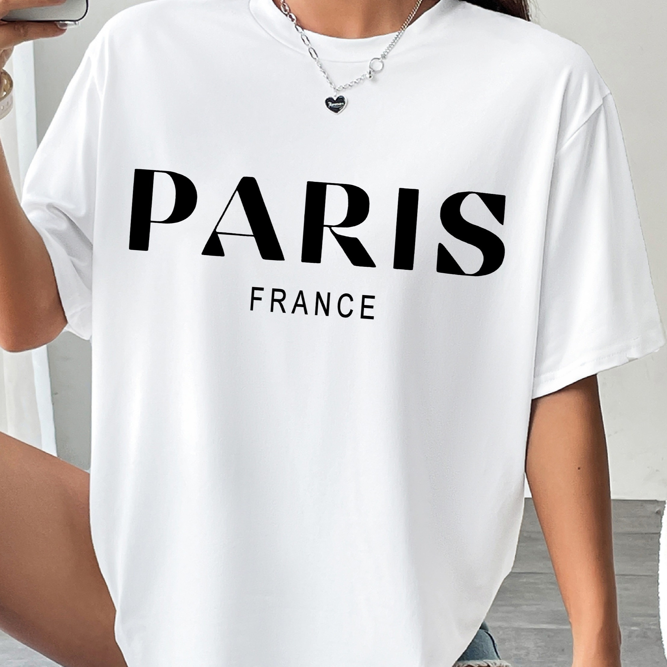 

Paris Print Drop Shoulder T-shirt, Short Sleeve Crew Neck Casual Top For Spring & Summer, Women's Clothing