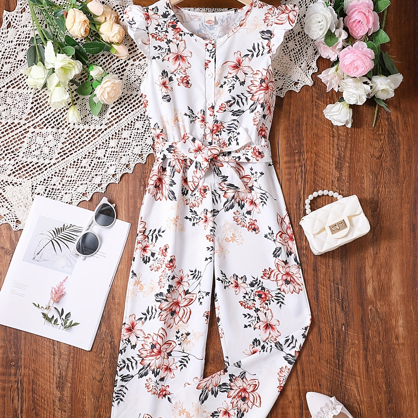 

Girls Flutter Sleeve Button Flowers Graphic Belted Rompers Wide Leg Jumpsuits Summer Clothes, Fluid Pants