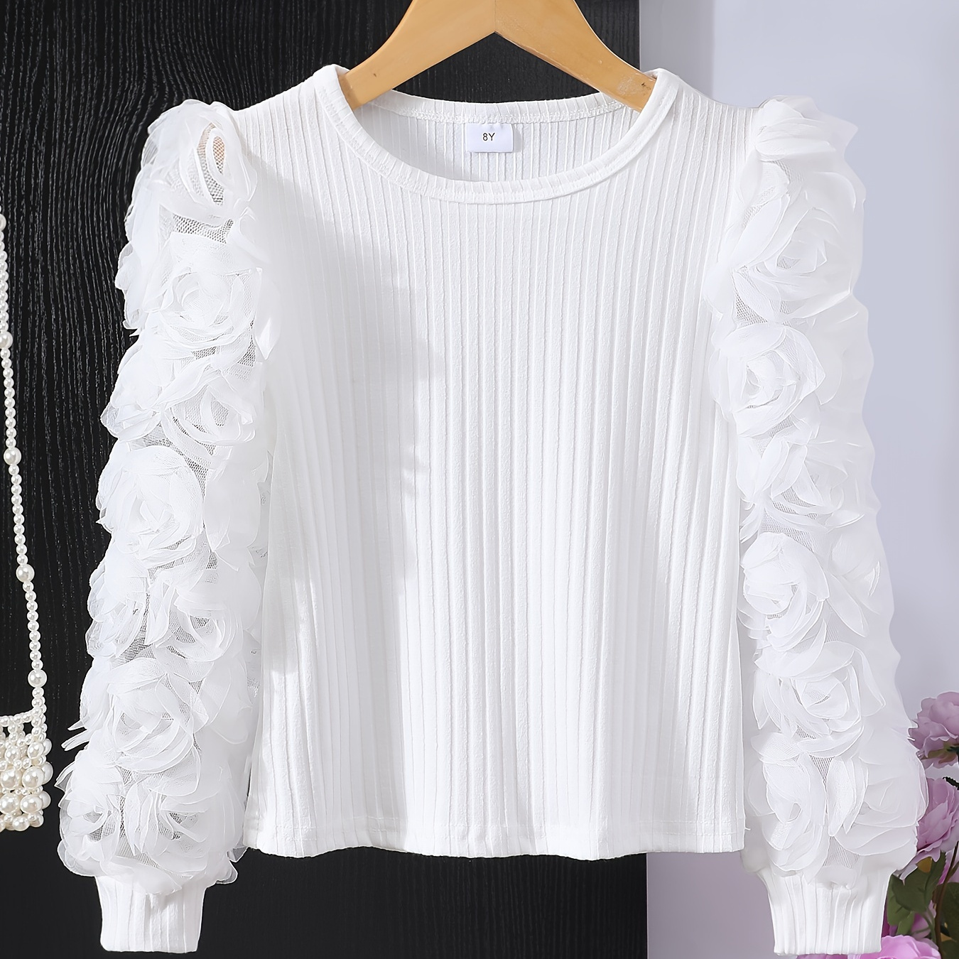 

' Lace-trimmed Ribbed Knit Top With Solid Color & Vertical Stripes - Fall/winter, Machine Washable