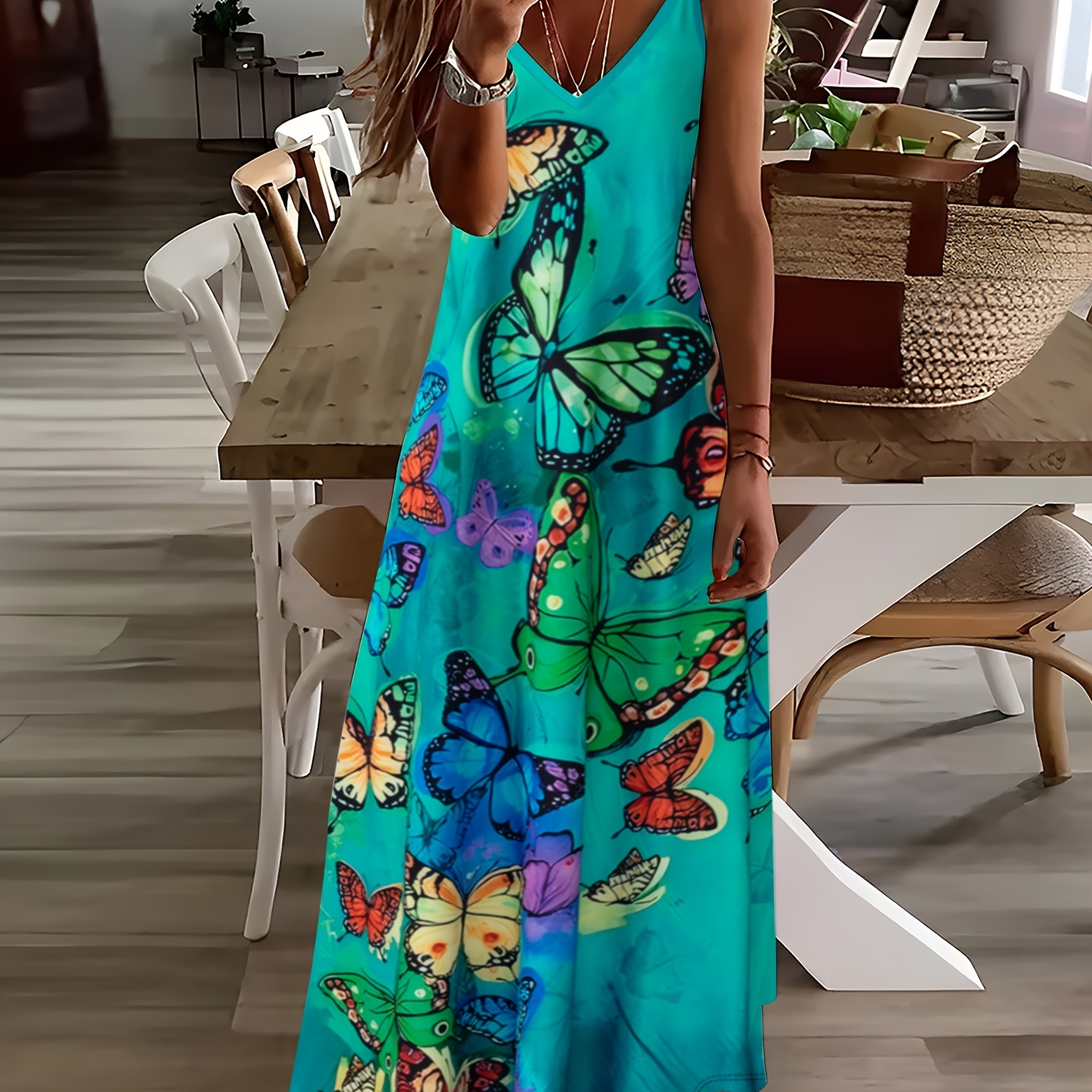 

Butterfly Print V Neck Cami Dress, Vacation Style Backless Spaghetti Strap Dress For Spring & Summer, Women's Clothing