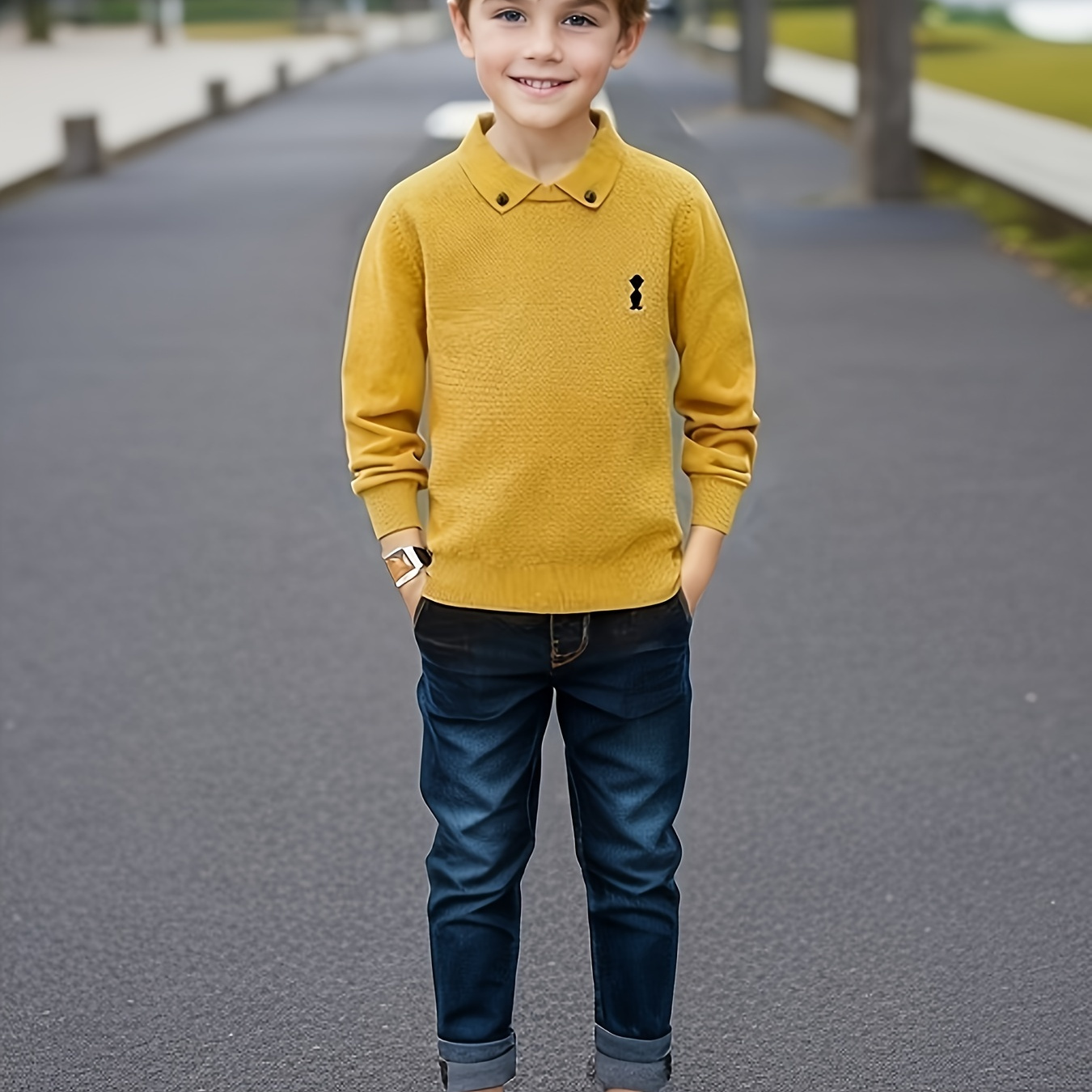 

Boys' Casual Knit Pullover - Cotton Blend Lapel Collar Sweater With Solid Color Design, Long Sleeves, And Fake Button Details For Fall/winter - Regular Fit Knitted Fabric Top For Ages 3+