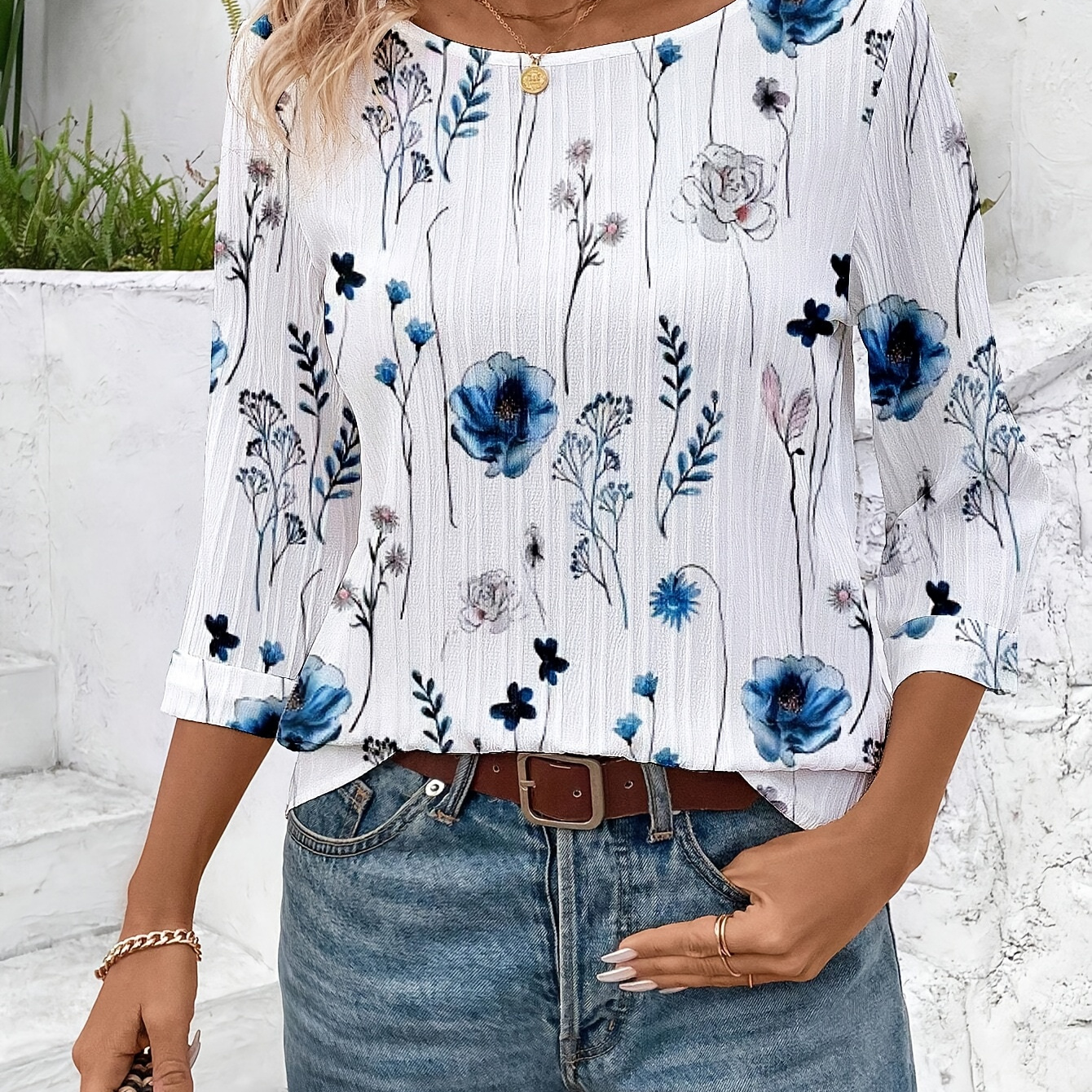 

Chic Blossom, Elegant Floral Print Blouse For Women - Crew Neck, 3/4 Sleeve, Machine Washable - Spring, Summer & Fall