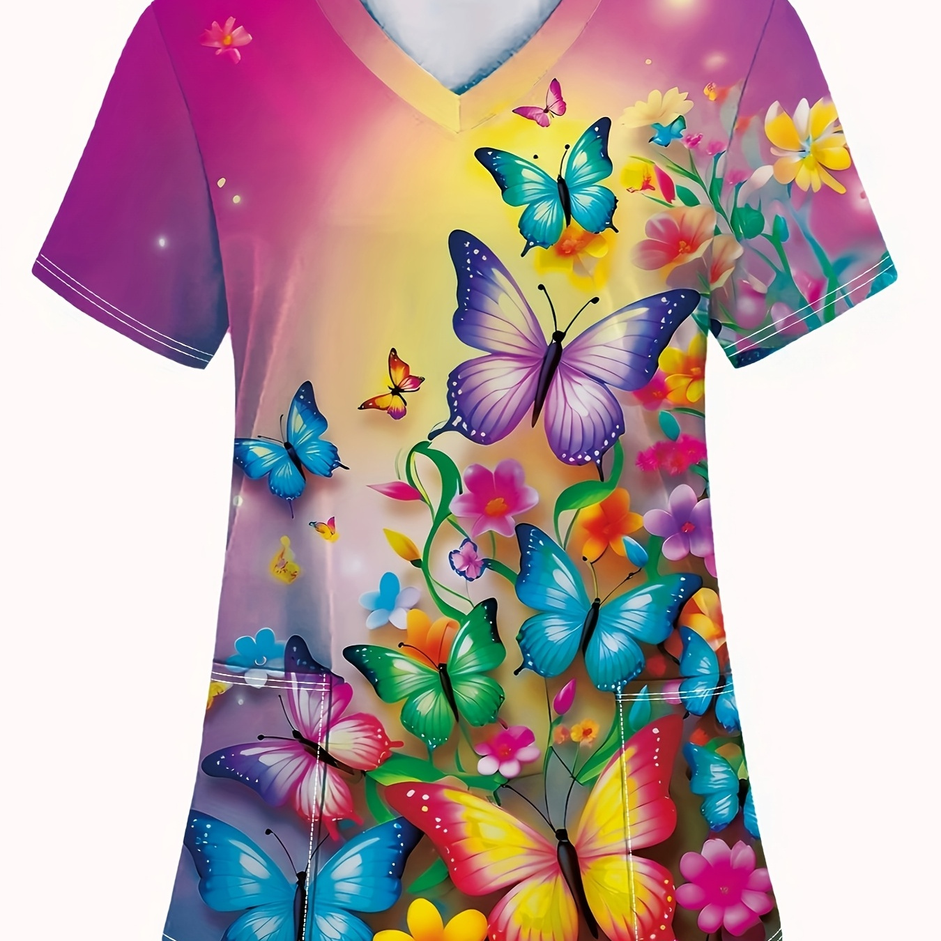 

Women' V-neck Short Sleeve Top With And Floral Print, Casual Elegant Comfortable Medical Nurse Uniform With Pocket, Polyester 95% Spandex 5%, Knit Fabric, Slight Stretch, All , 190 G/m²