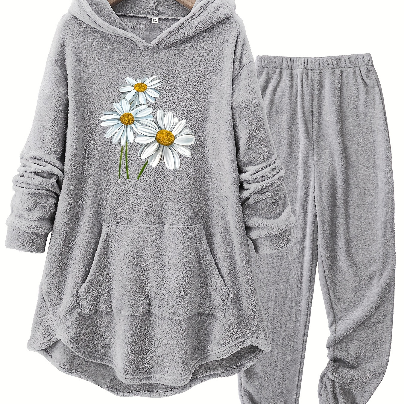 

Plus Size Daisy Print Hooded Loungewear Co-ords Set - 100% Polyester Knit Fabric With Pockets And Stretch, With Regular Sleeves