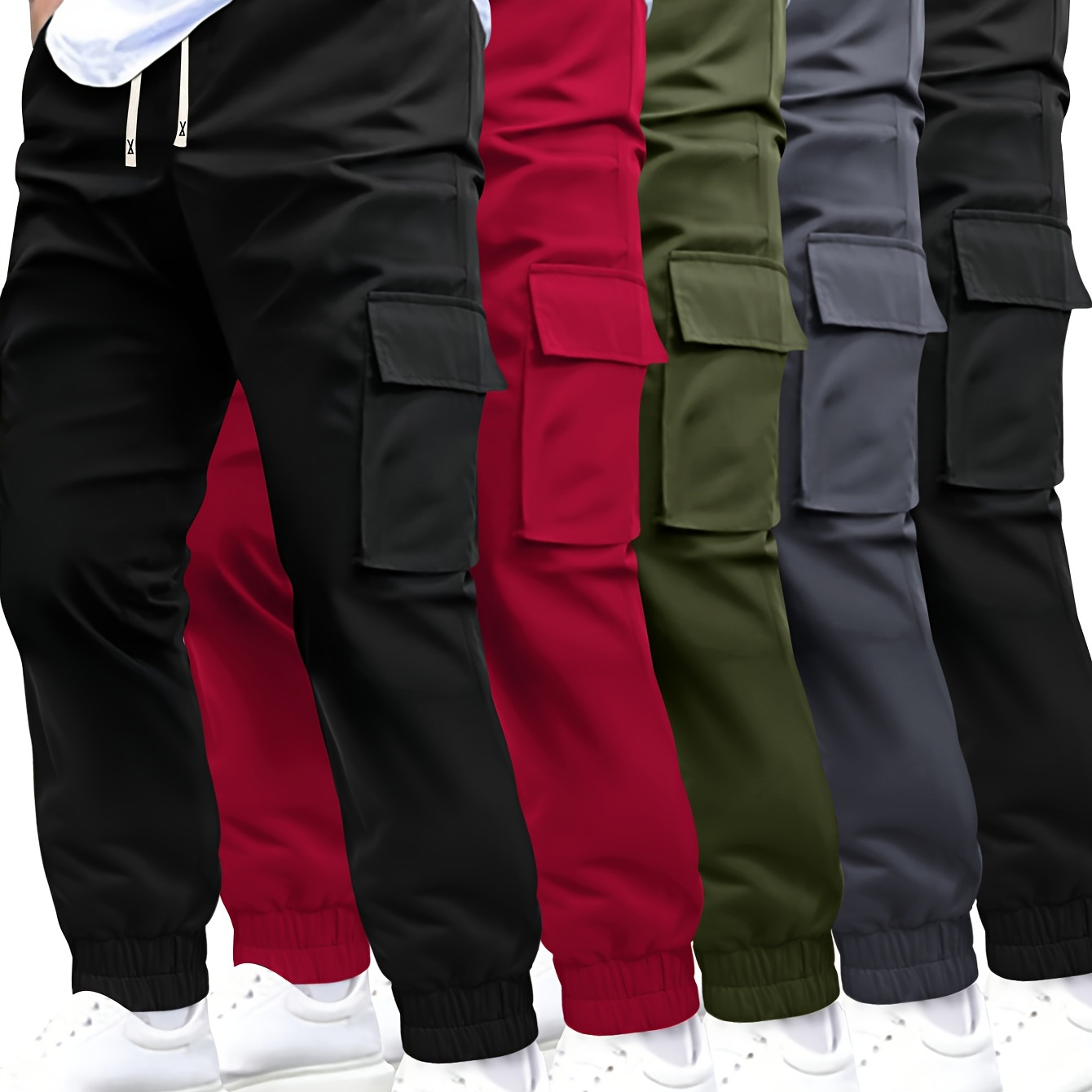 

5pcs Men' Cargo Jogger Pants With Drawstring And Flap Pockets, Casual Sporty Trousers As Gift