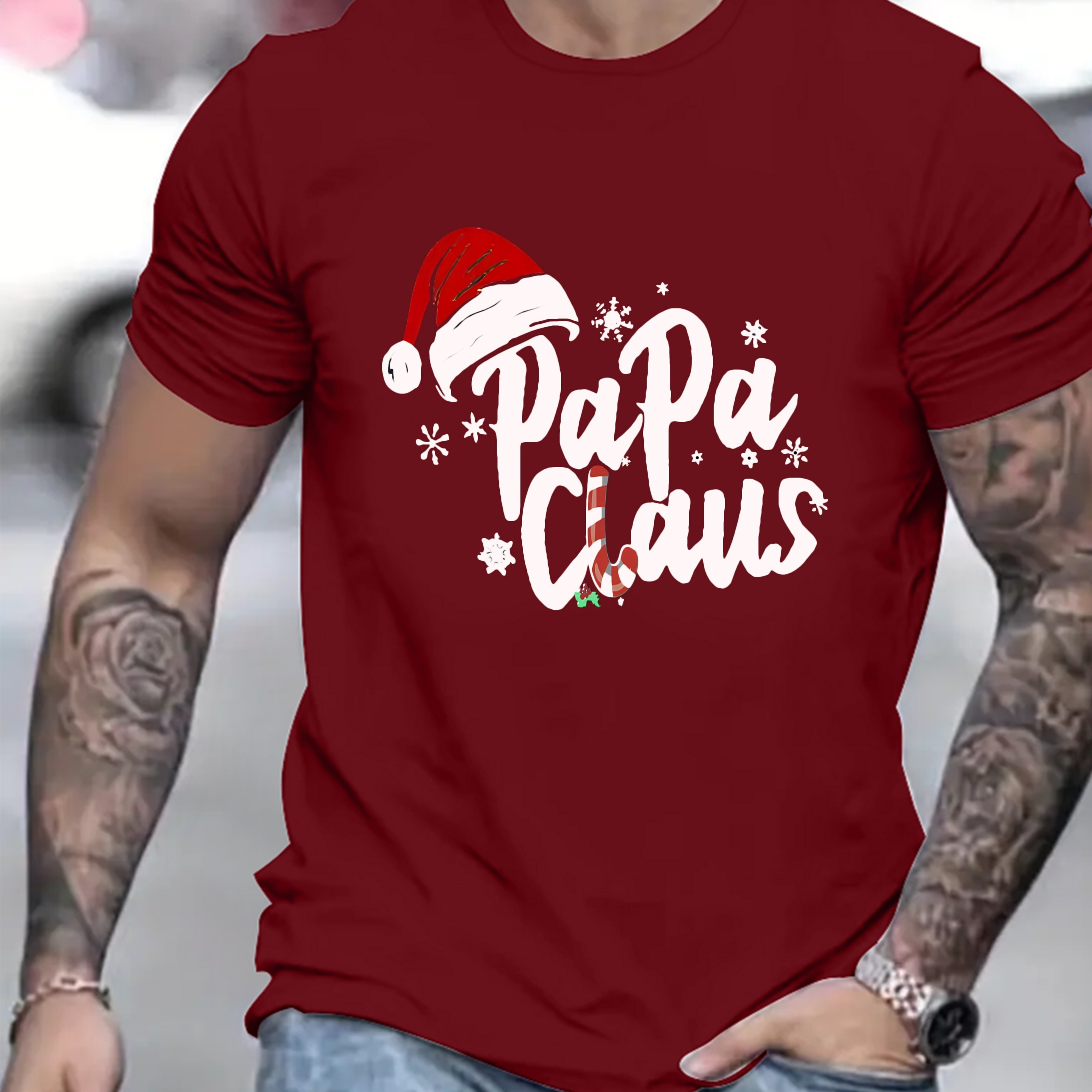 

Christmas Hat Print Men's Round Neck Print Tee Short-sleeve Comfy T-shirt Loose Casual Top For Spring Summer Holiday Men's Clothing As Gifts