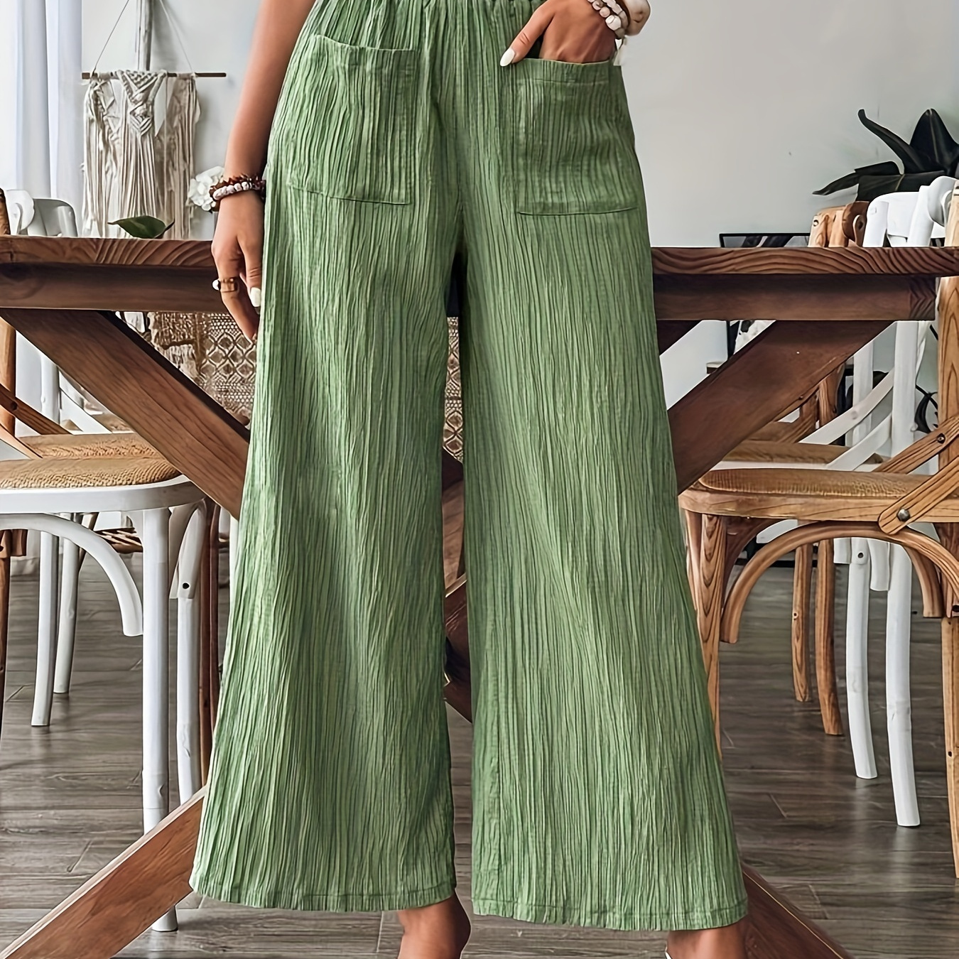 

Dual Pockets Wide Leg Pants, Casual Paper Bag Waist Textured Loose Pants For Spring & Summer, Women's Clothing