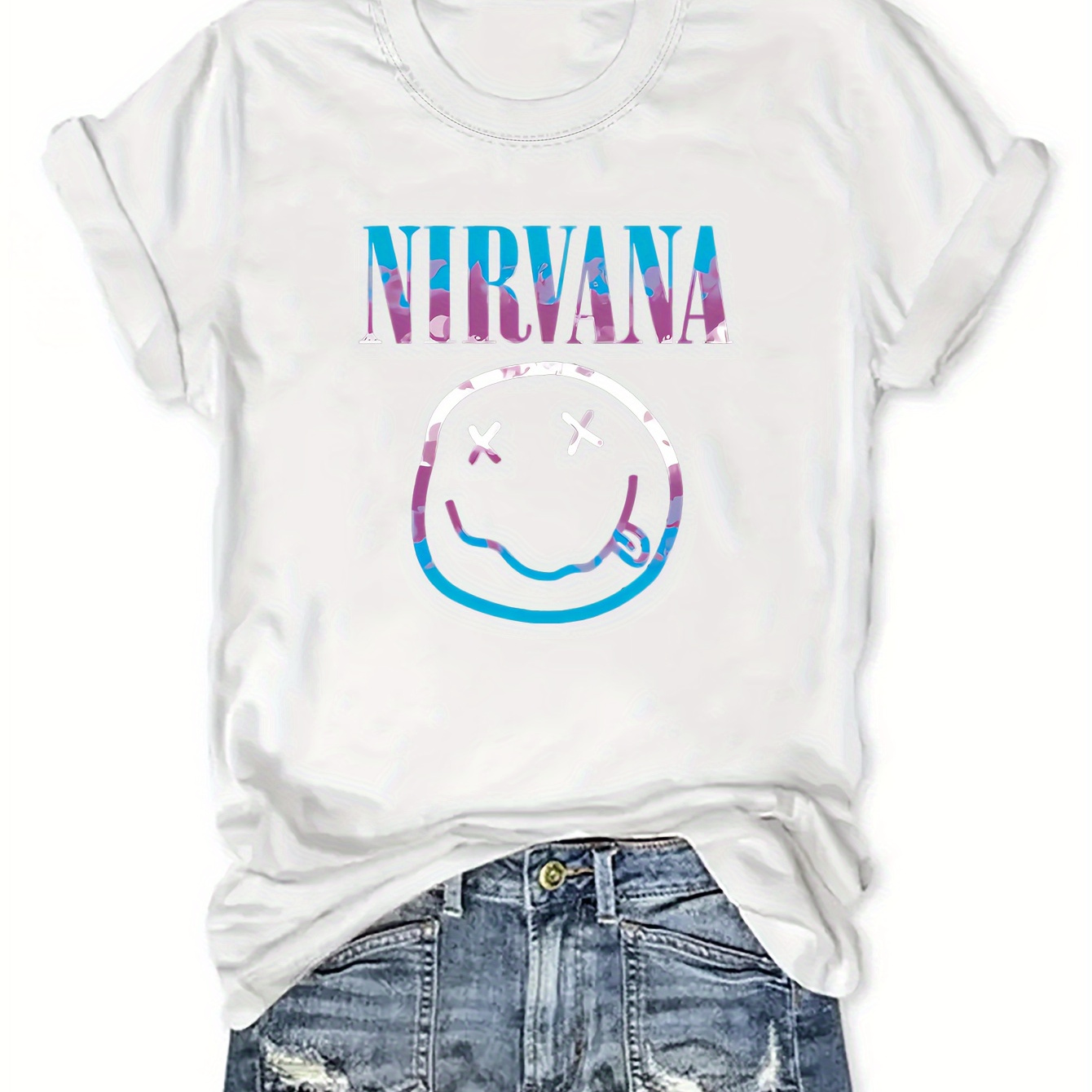 

Plus Size Nirvana Print T-shirt, Casual Short Sleeve Crew Neck Top For Spring & Summer, Women's Plus Size Clothing