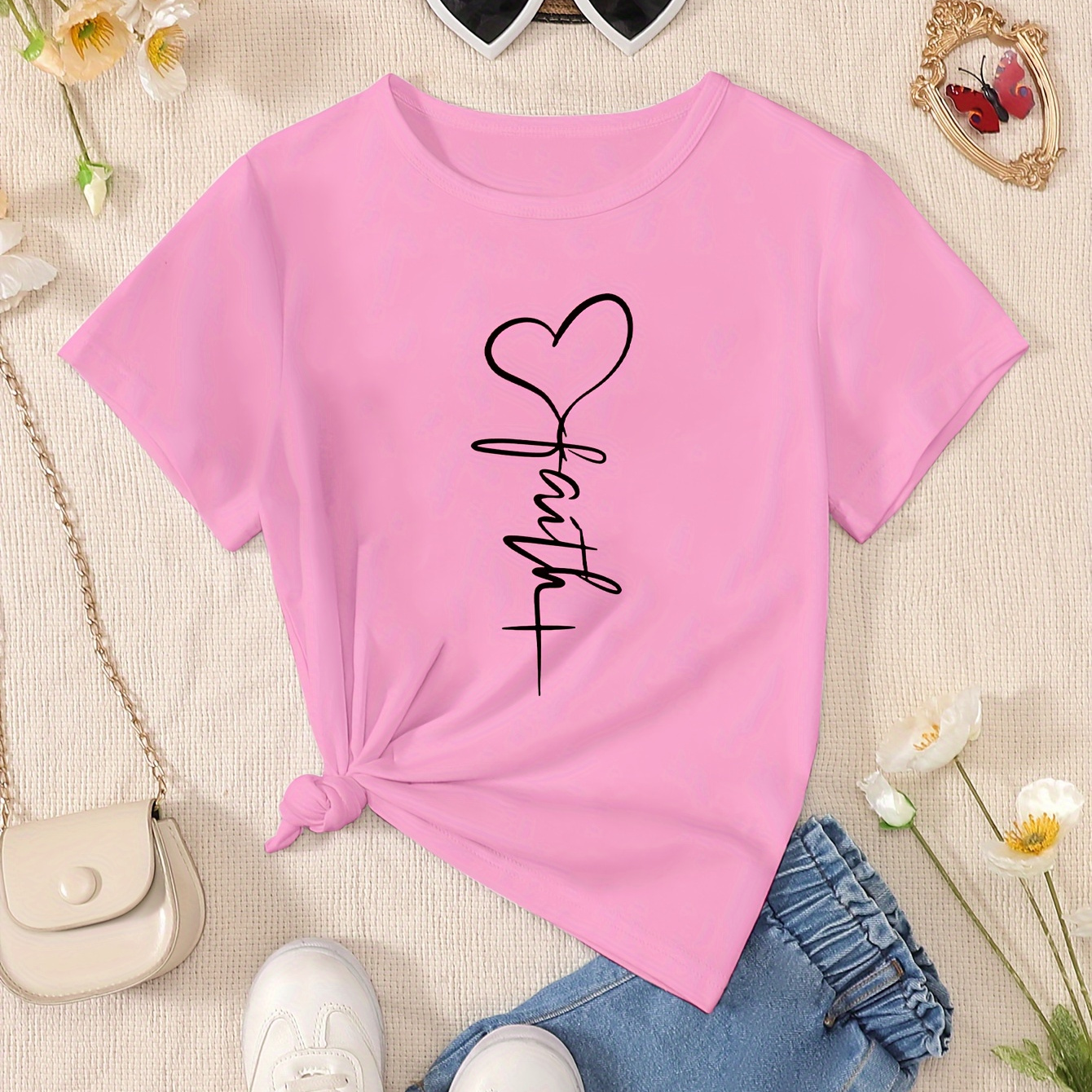 

Faith And Heart Graphic Print For Girls, Comfy And Fit T-shirt Top Pullover For Summer For Outdoor Activities