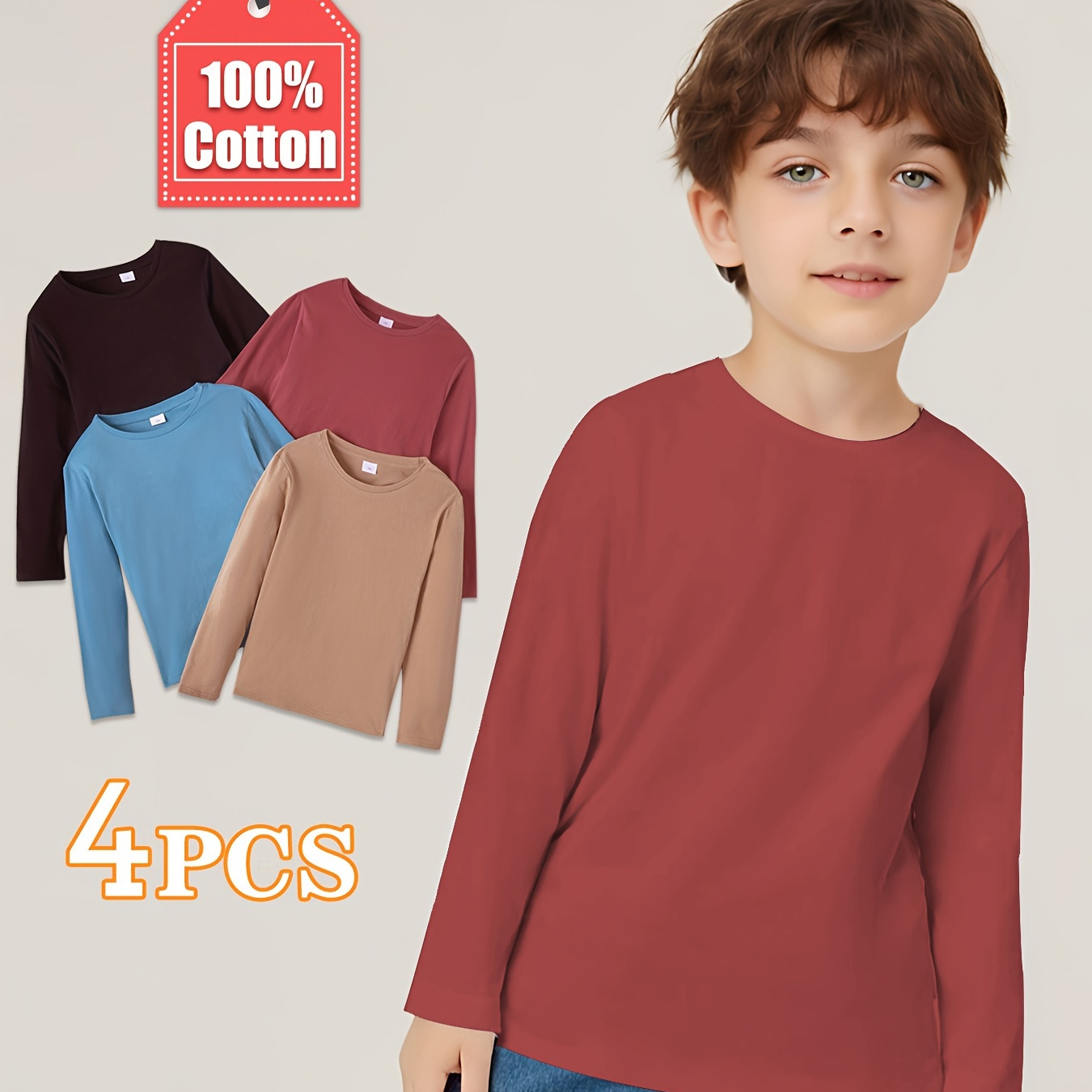 

4 Pack Cotton Boy's Long Sleeve Undershirts Boy's Long Sleeve Cotton Top Underwear Boy's Long Sleeve Top Underwear