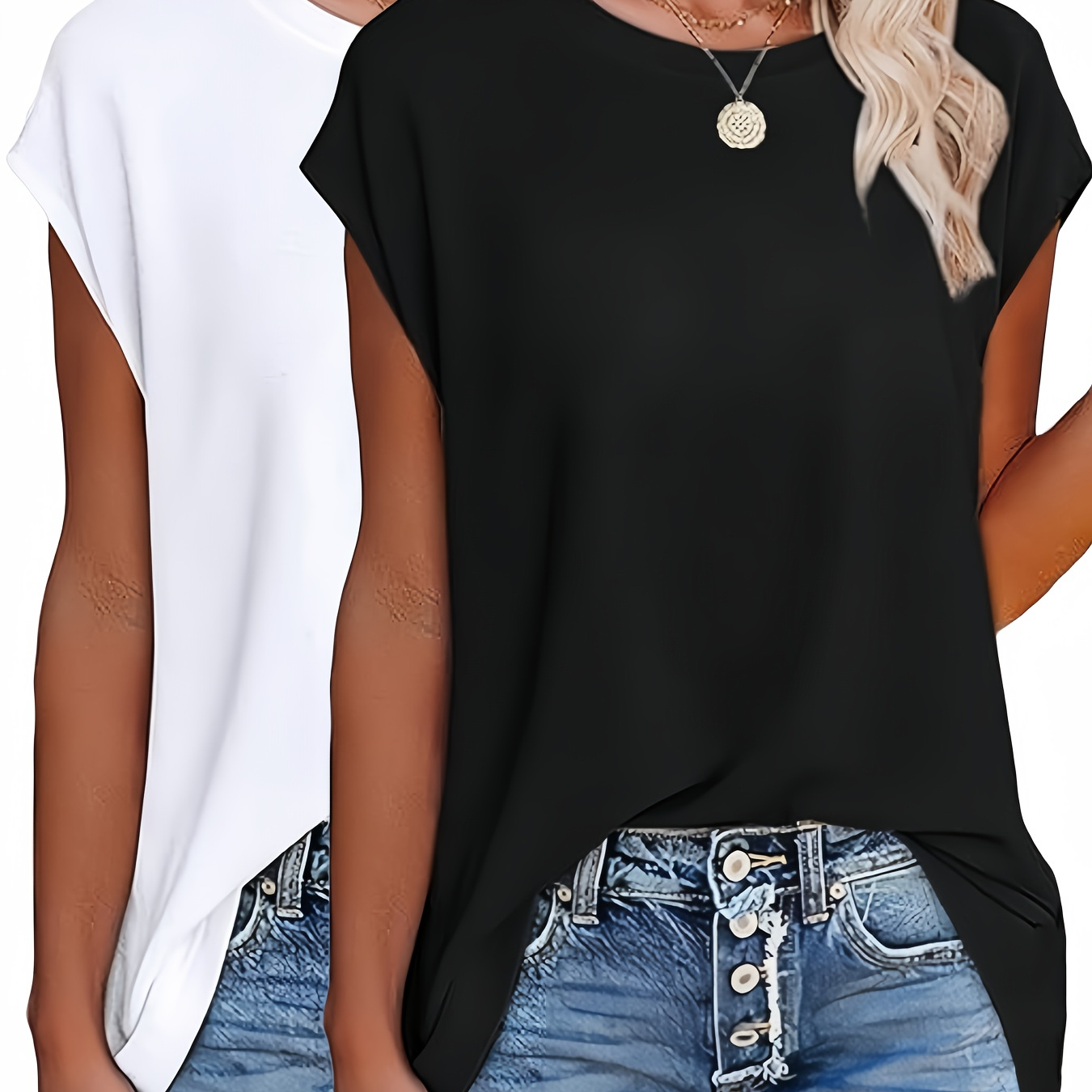 

2pcs Crew Neck Solid Simple T-shirt, Casual Cap Sleeve Top For , Women's Clothing