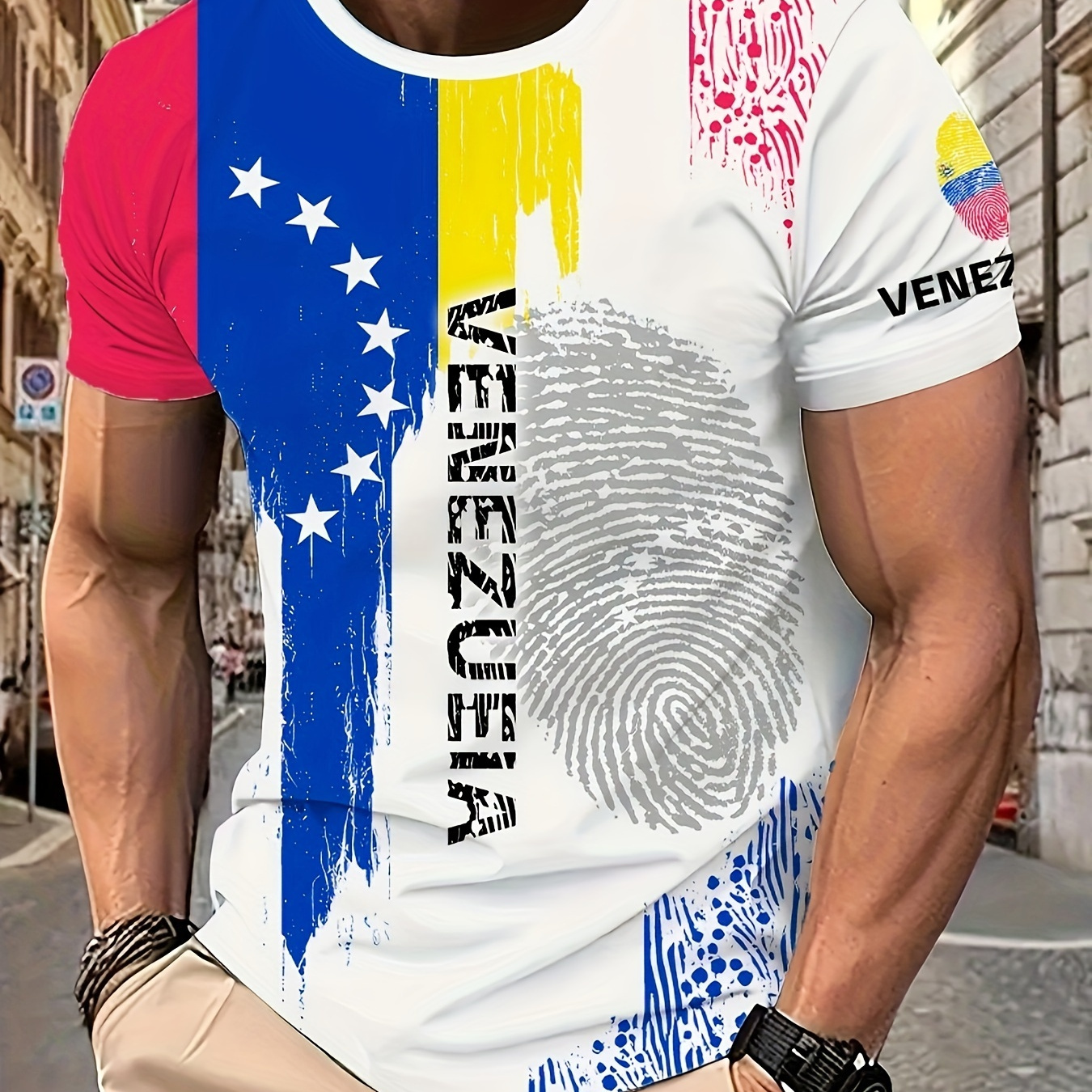 

Men's Venezuelan Flag Pattern And Fingerprint Graphic Print Crew Neck And Short Sleeve T-shirt For Summer Leisurewear, Casual And Stylish Tops For Men