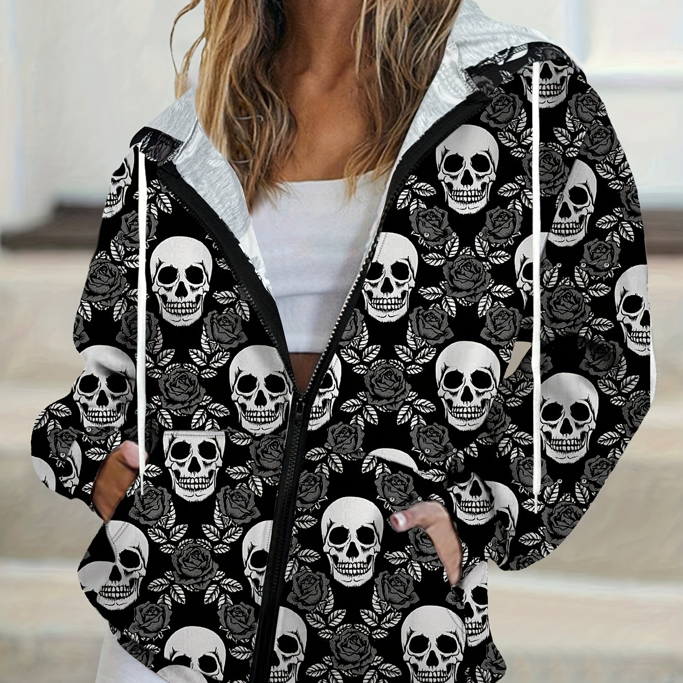 

Skull Print Hoodie With Pocket, Casual Zip Up Long Sleeve Drawstring Hooded Jacket, Women's Clothing