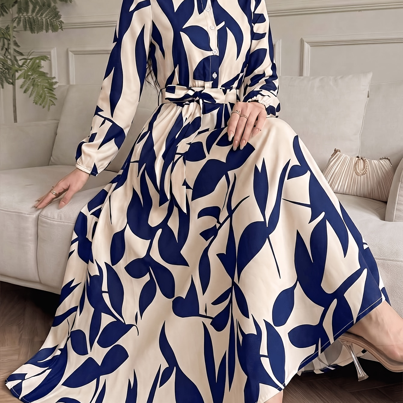 Blue & White Leaf Print Maxi Dress