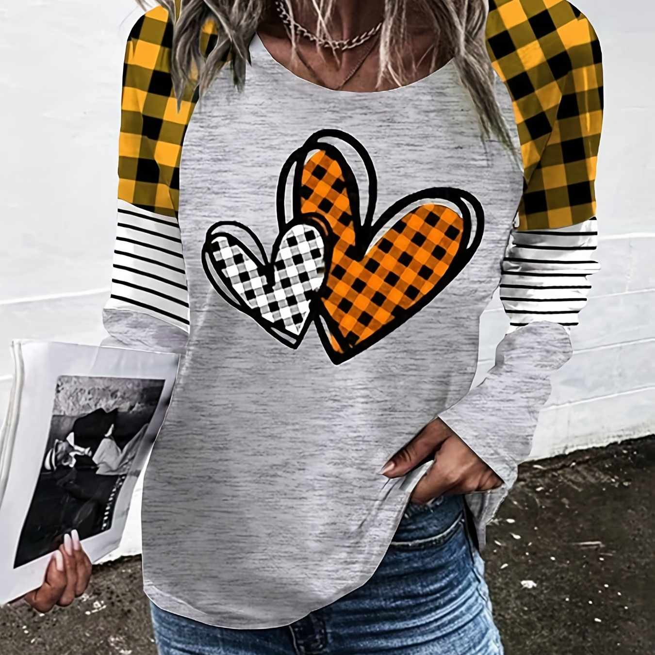 

Plaid Heart & Stripe Print T-shirt, Casual Long Sleeve Top For Spring & Fall, Women's Clothing